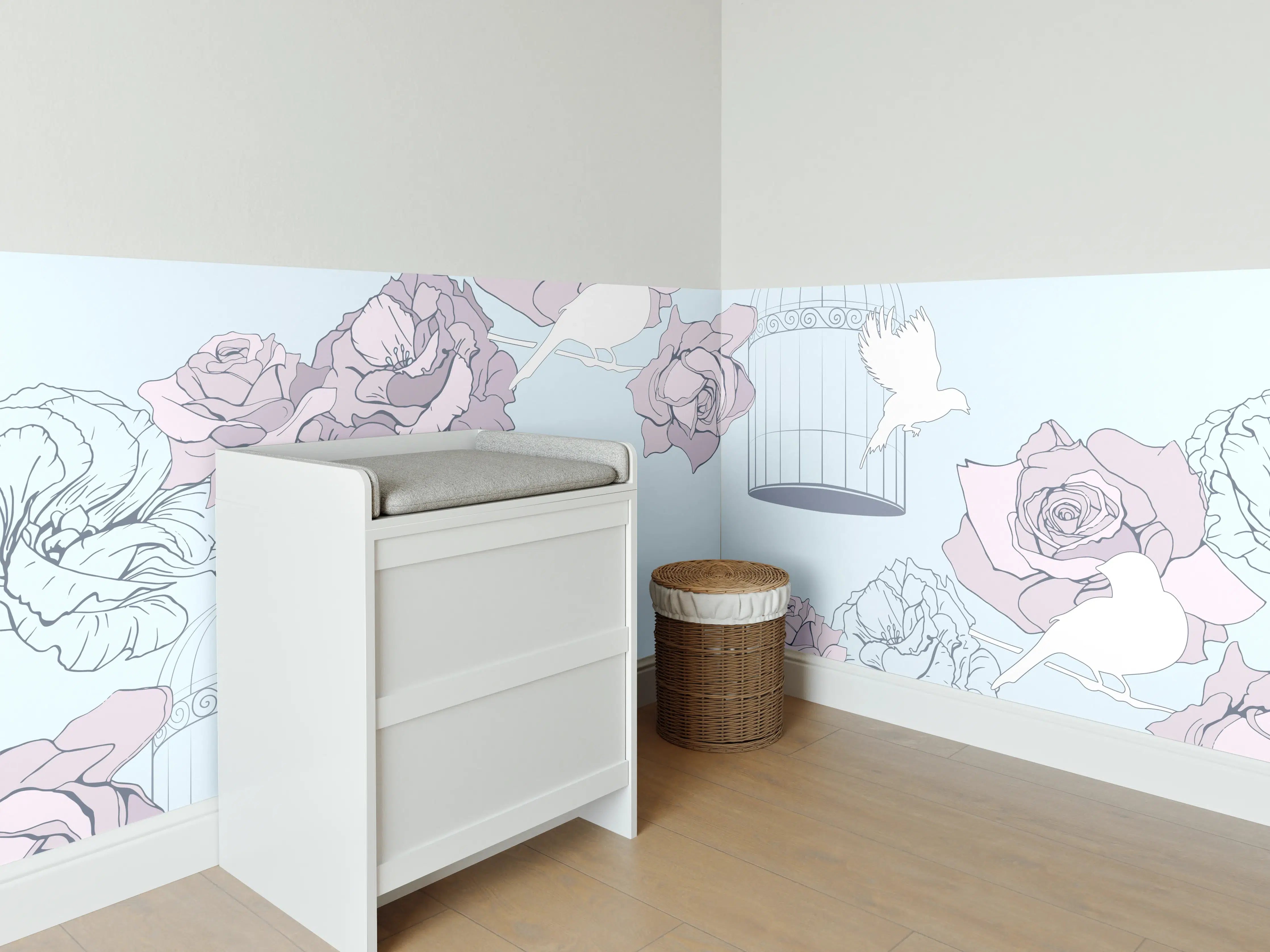 Babyzimmer Wandgestaltung - Pastellfarbene Rosen und Hummeln