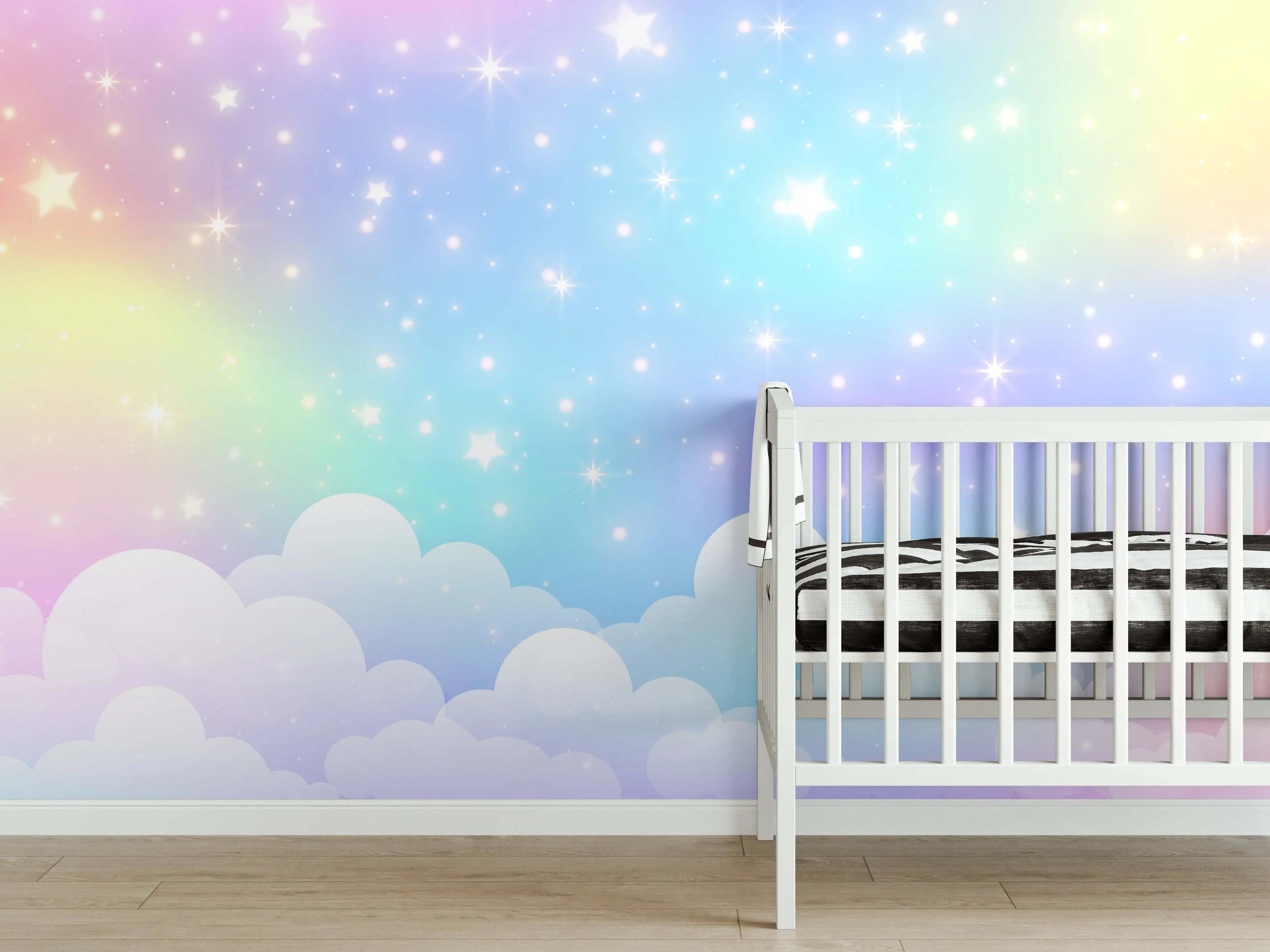 Babyzimmer Wandgestaltung - Pastellfarbene Wolken mit Glitzerhimmel