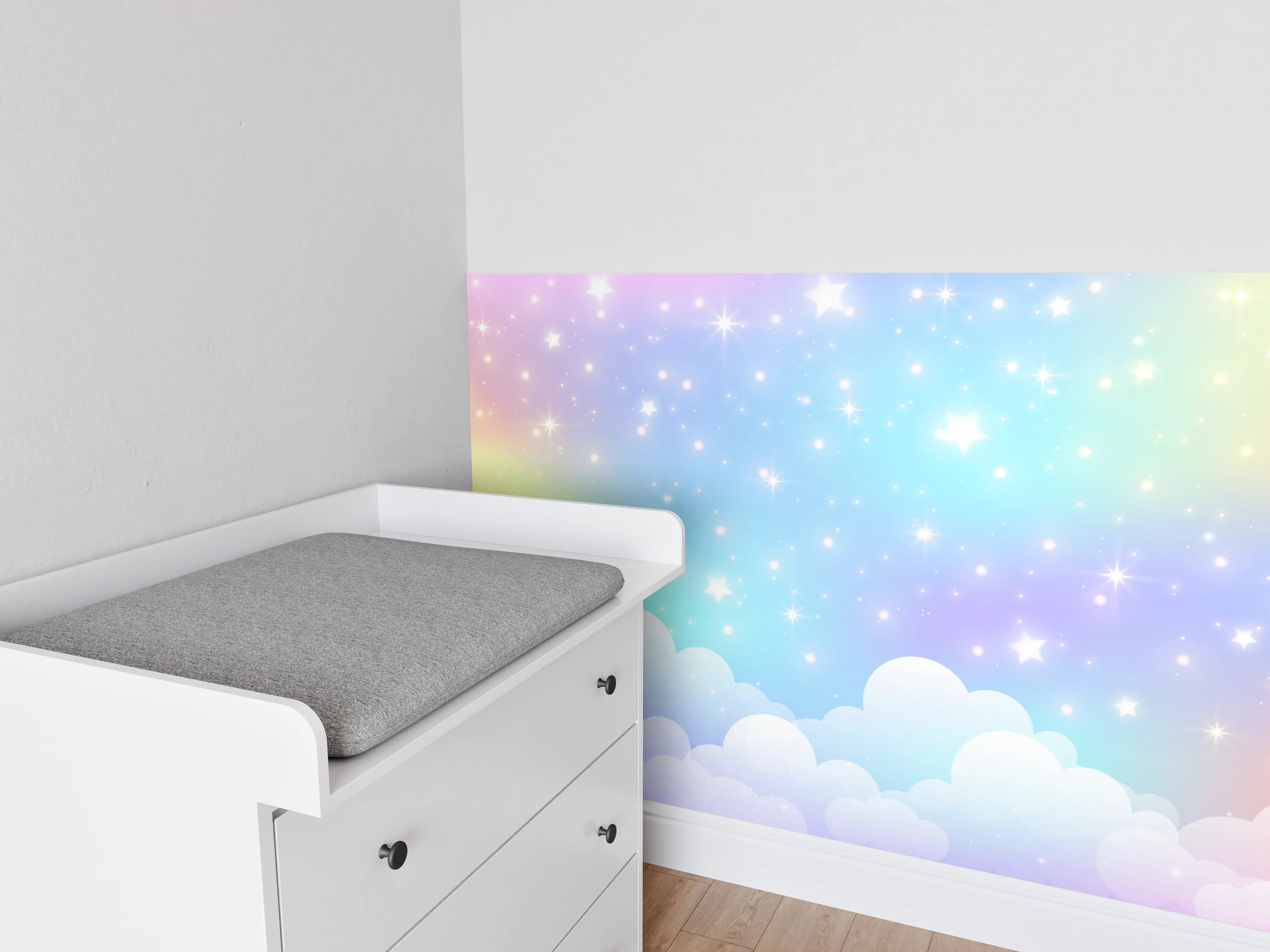 Babyzimmer Wandgestaltung - Pastellfarbene Wolken mit Glitzerhimmel