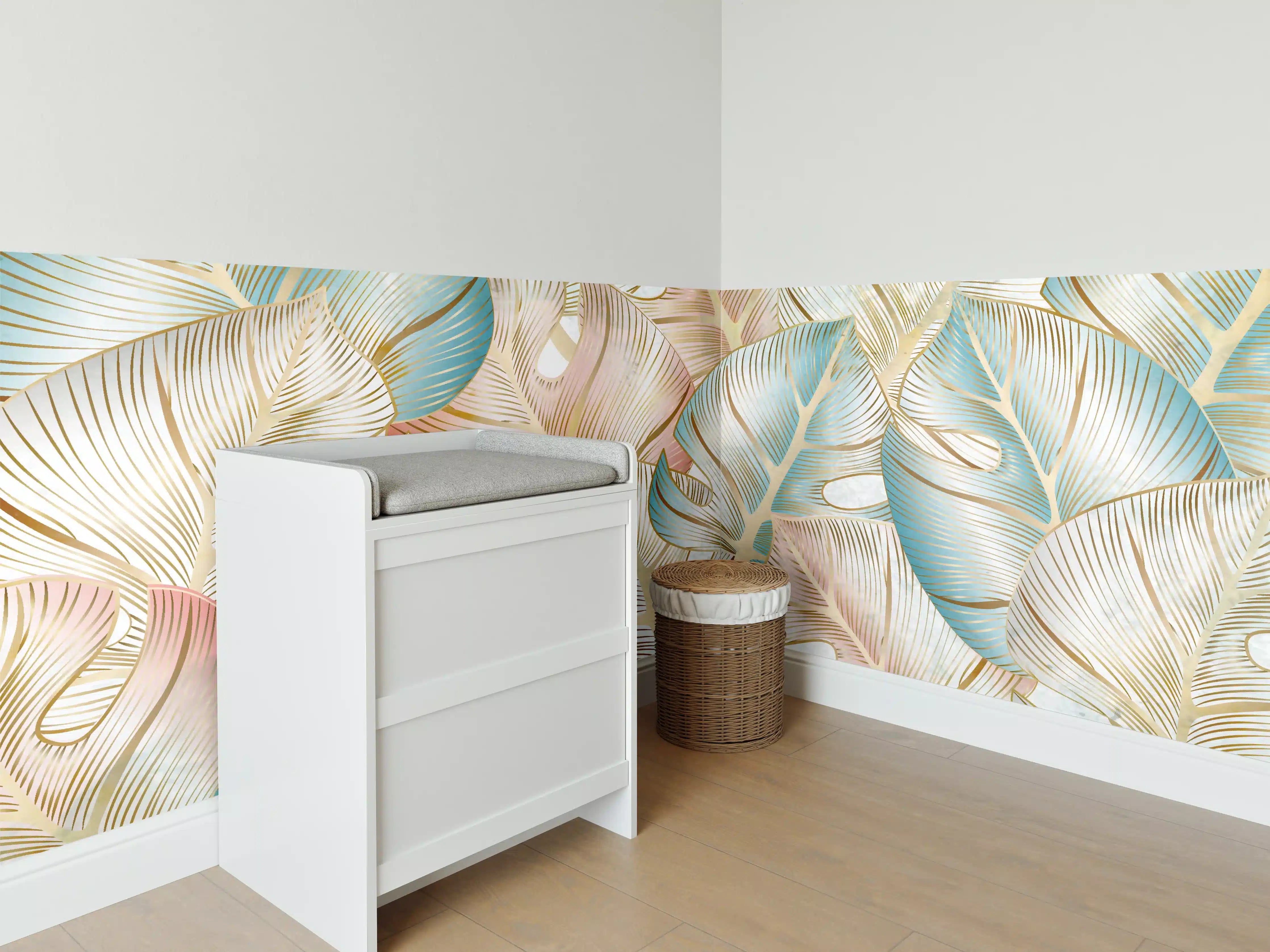 Babyzimmer Wandgestaltung - Pastellfarbenes Blattmuster Design