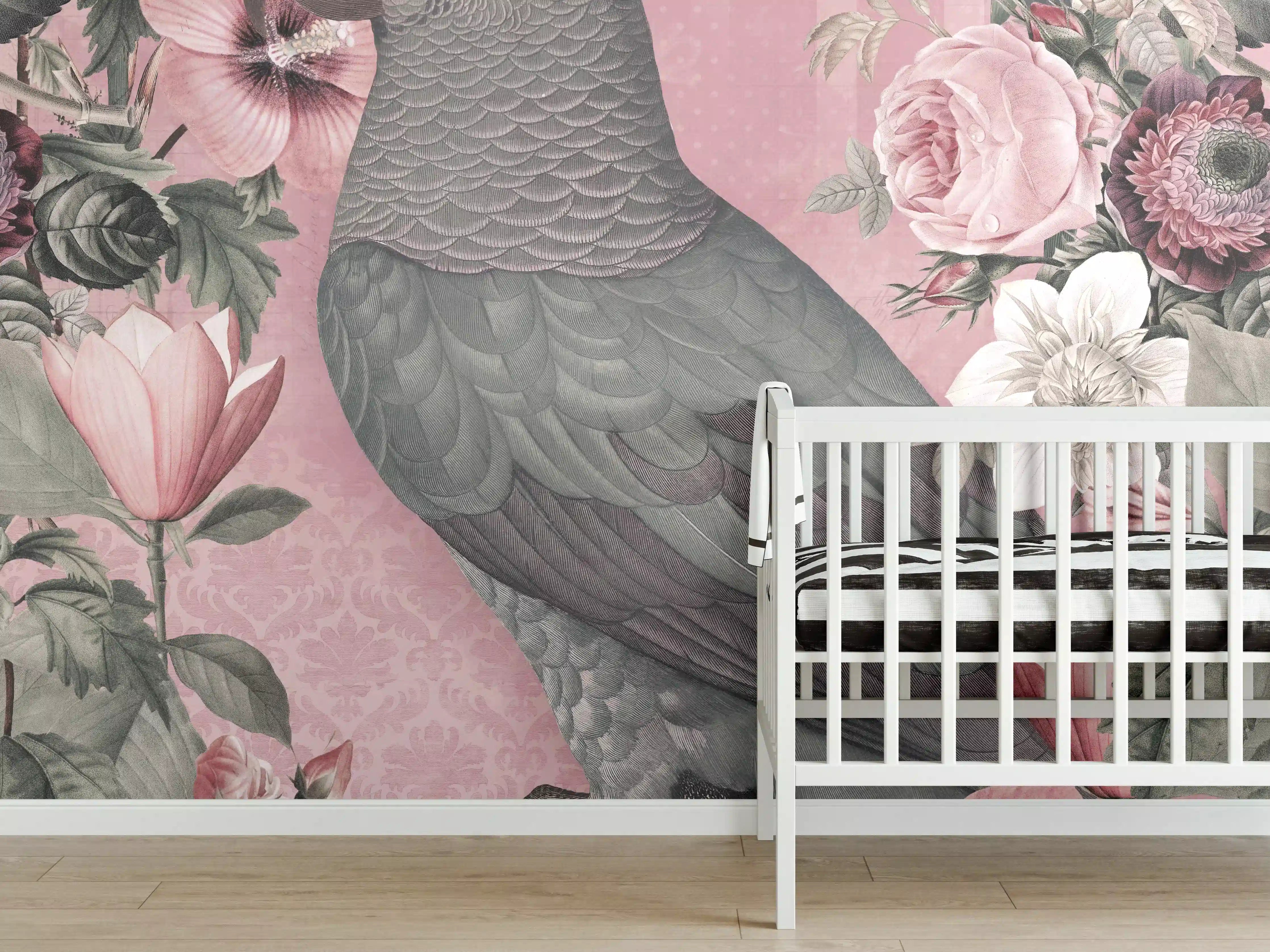 Babyzimmer Wandgestaltung - Pastellrosa Papagei Flora