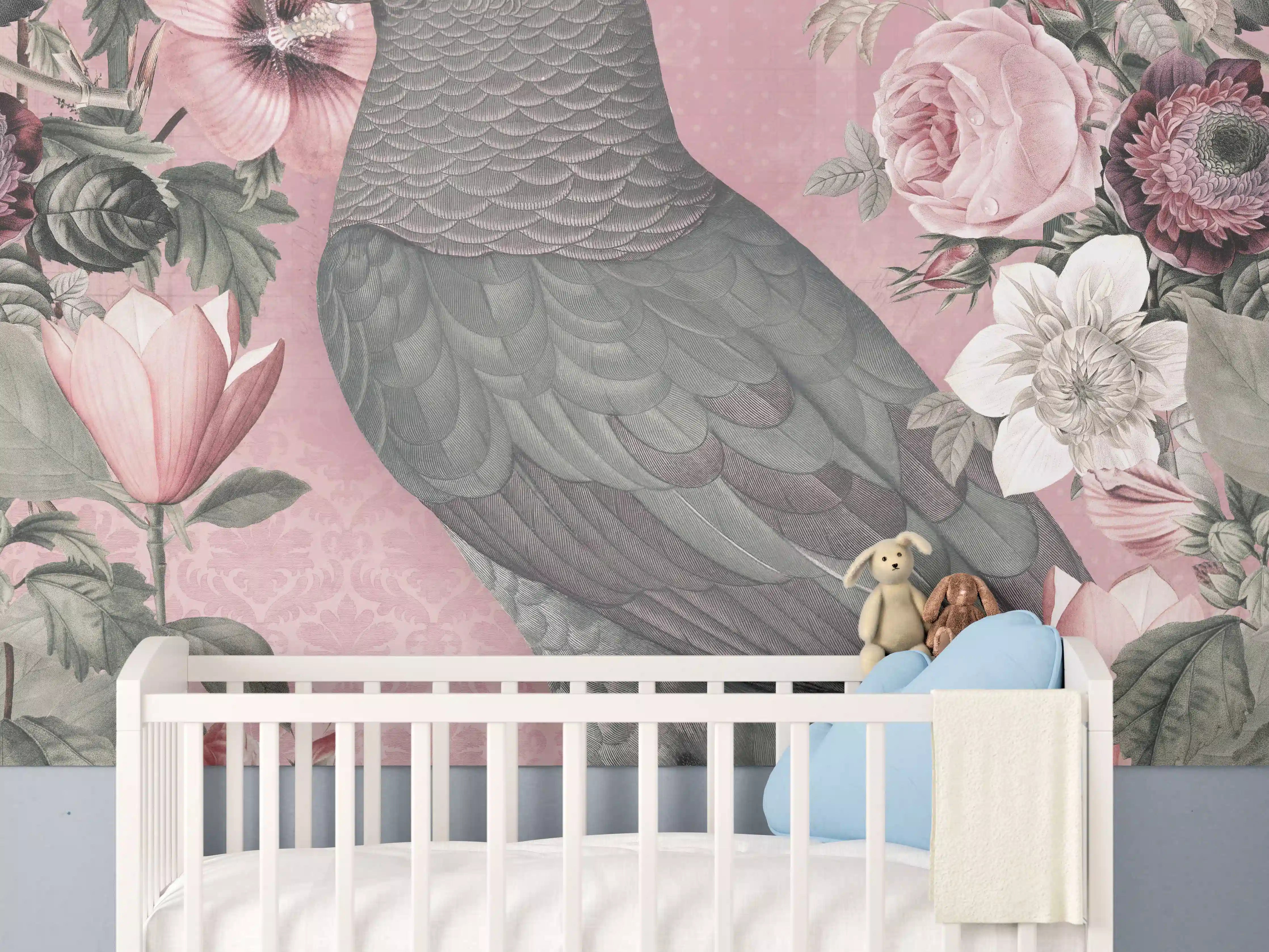 Babyzimmer Wandgestaltung - Pastellrosa Papagei Flora