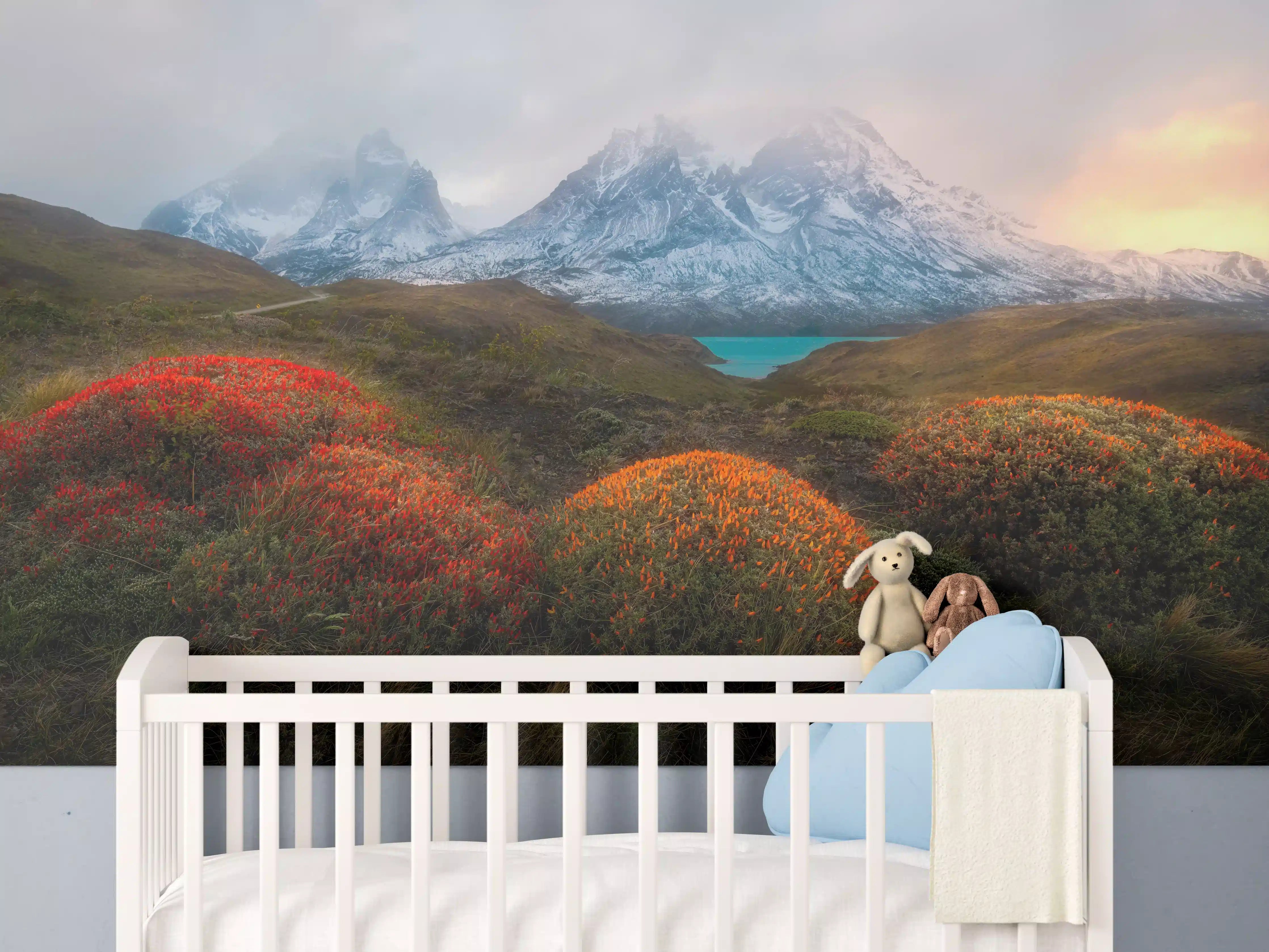 Babyzimmer Wandgestaltung - Patagonia Bergpanorama im Frühling