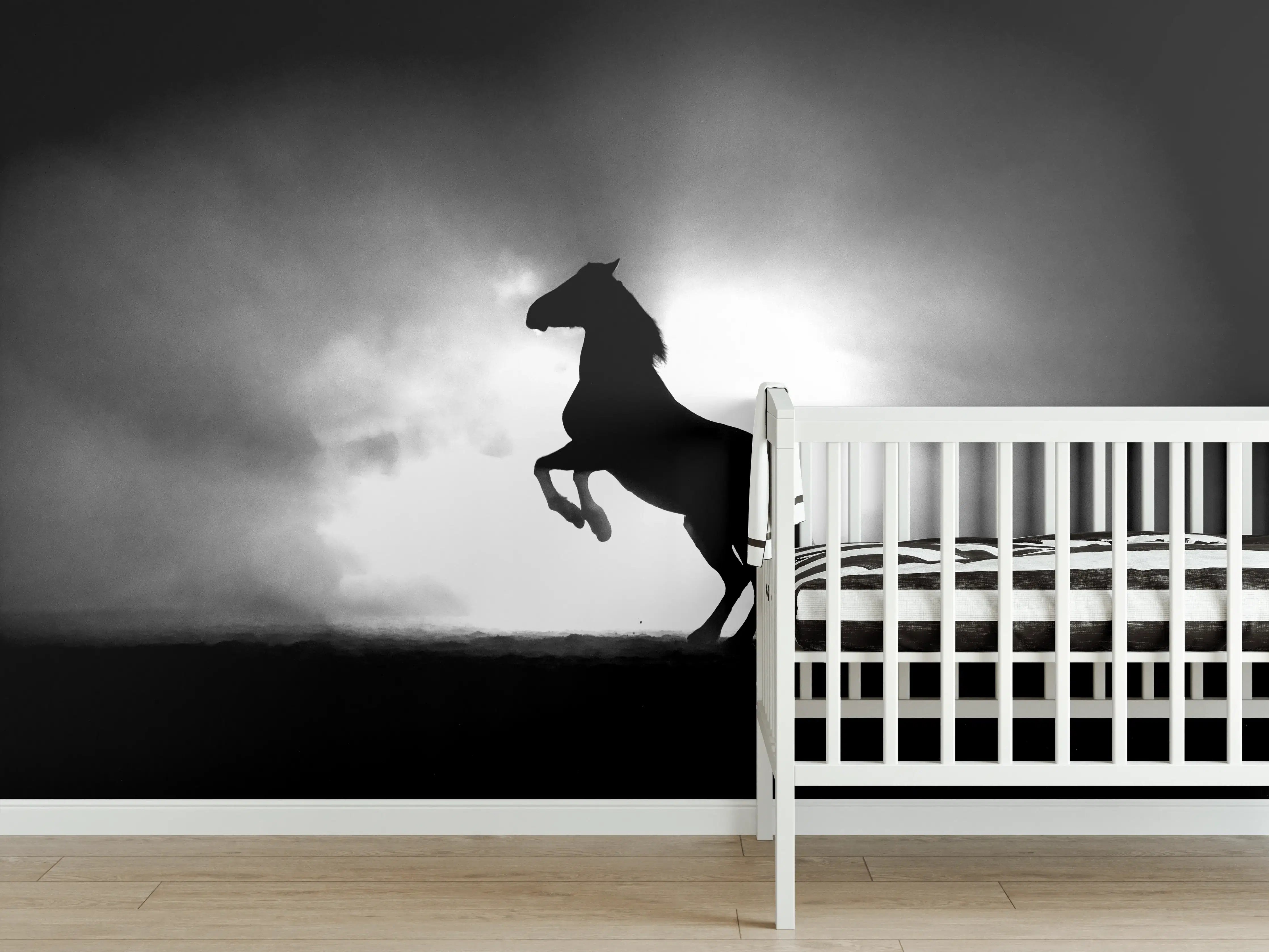 Babyzimmer Wandgestaltung - Pferd-Aufzucht in Schwarz-Weiß