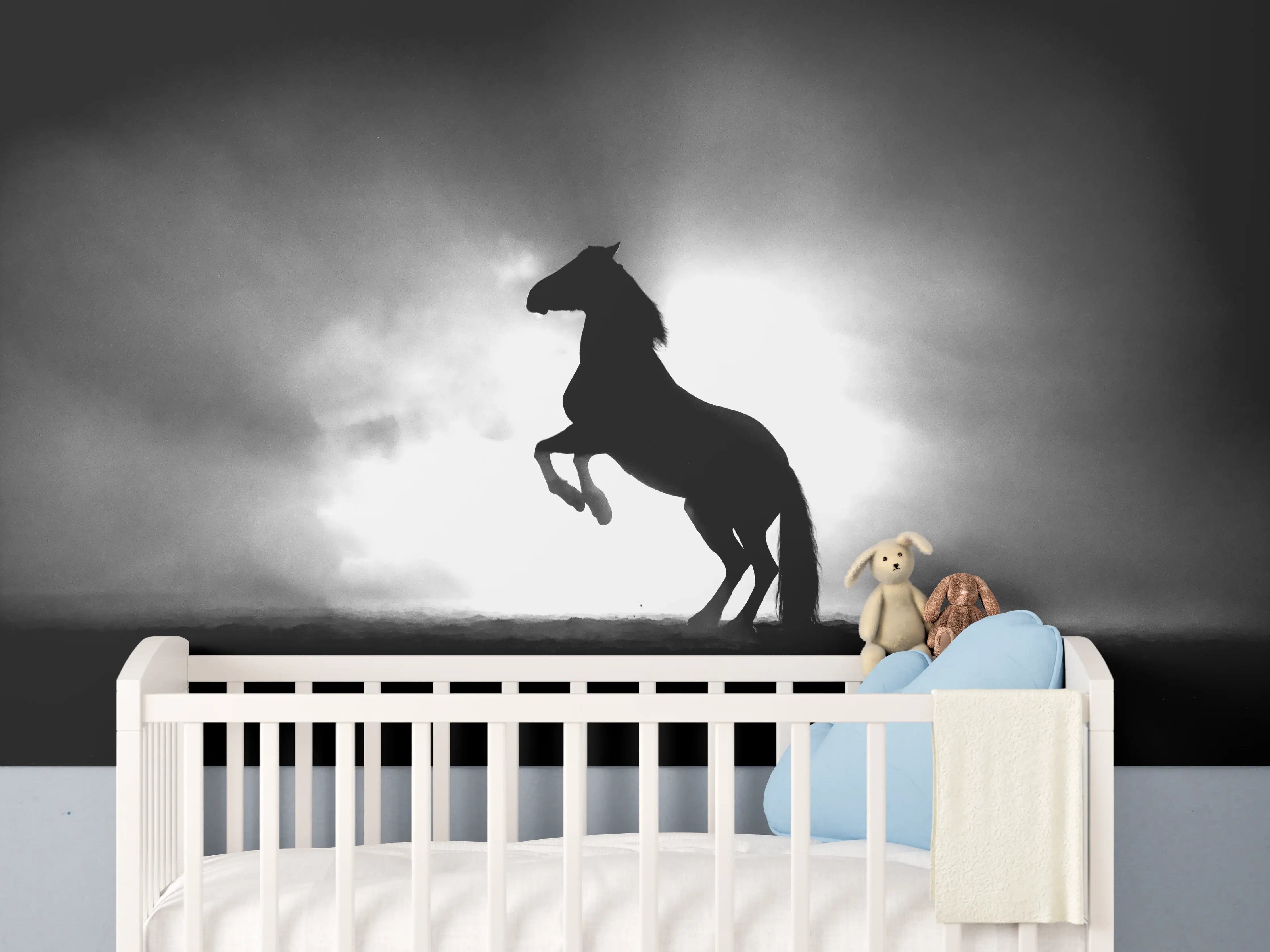 Babyzimmer Wandgestaltung - Pferd-Aufzucht in Schwarz-Weiß