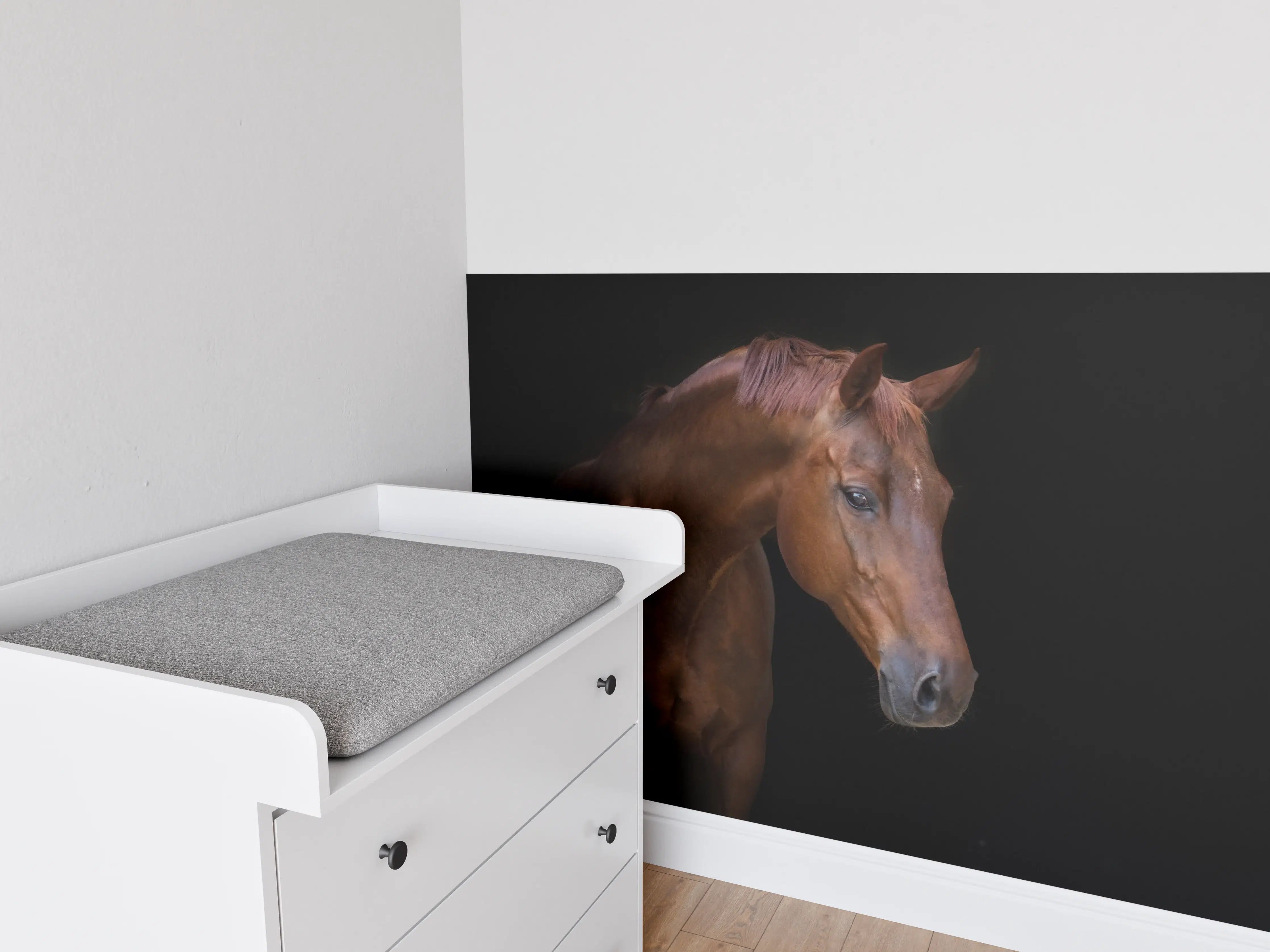 Babyzimmer Wandgestaltung - Pferde Porträt auf schwarzem Hintergrund