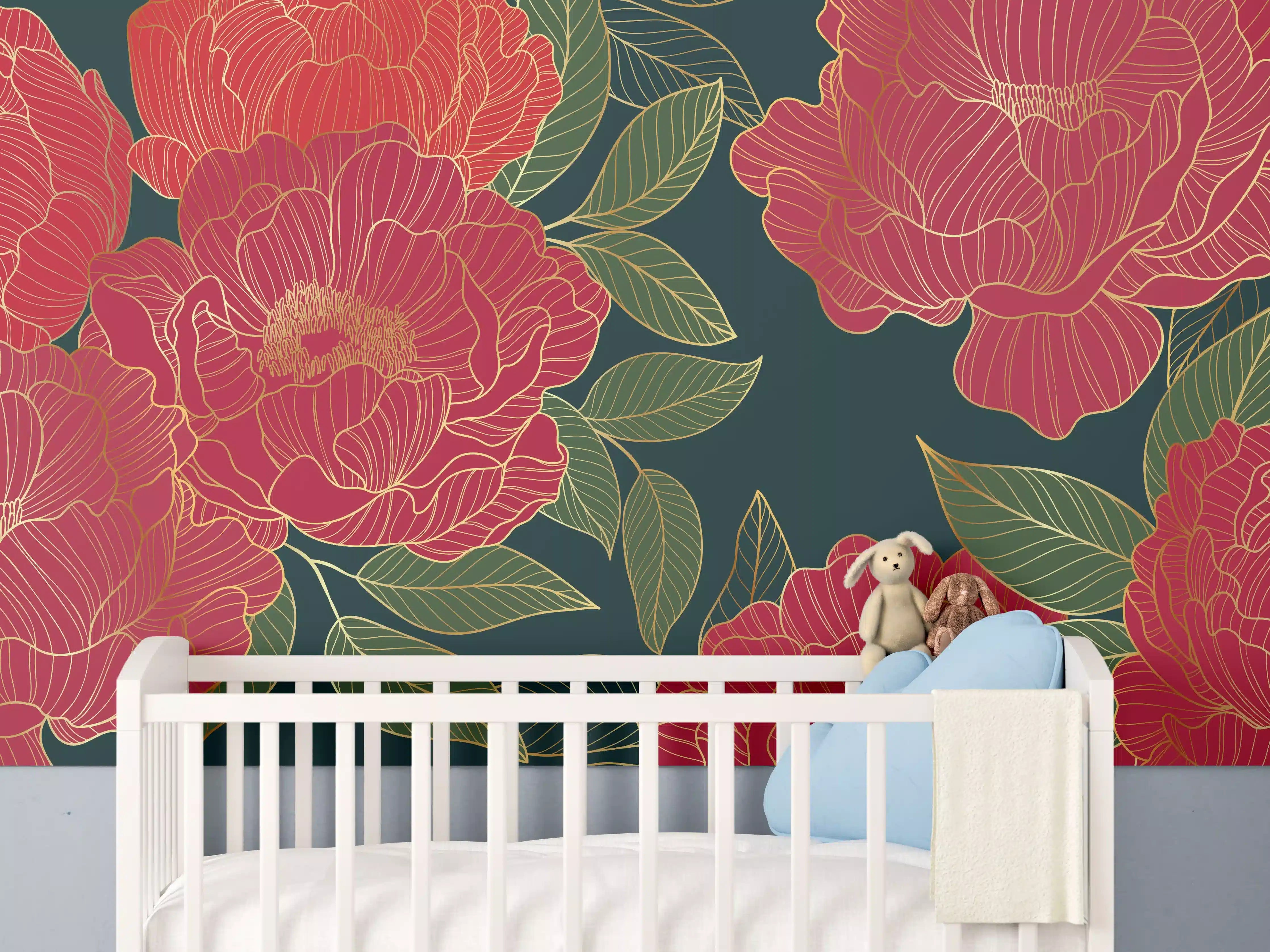 Babyzimmer Wandgestaltung - Pfingstrosen Muster Dunkelrot