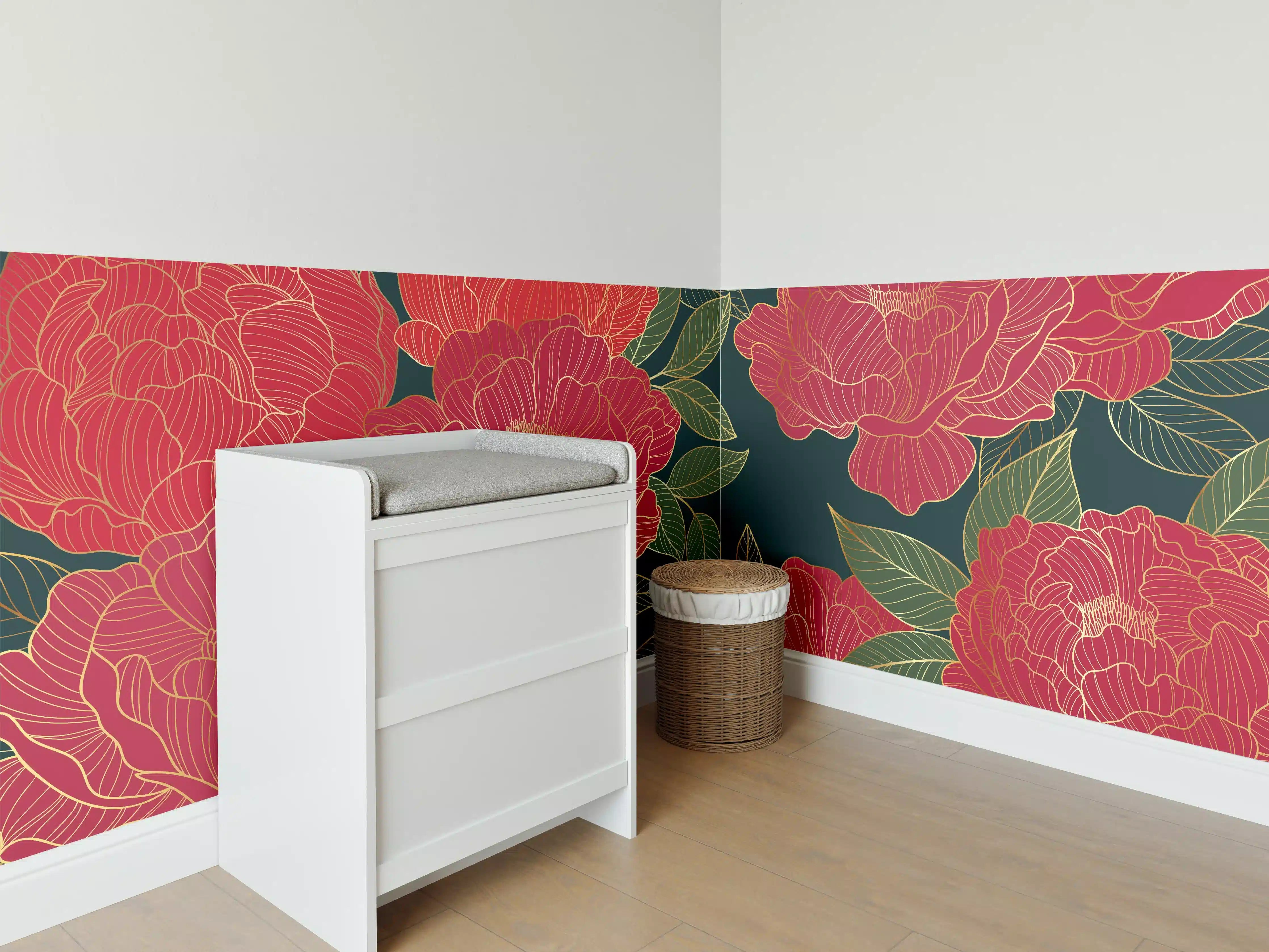 Babyzimmer Wandgestaltung - Pfingstrosen Muster Dunkelrot