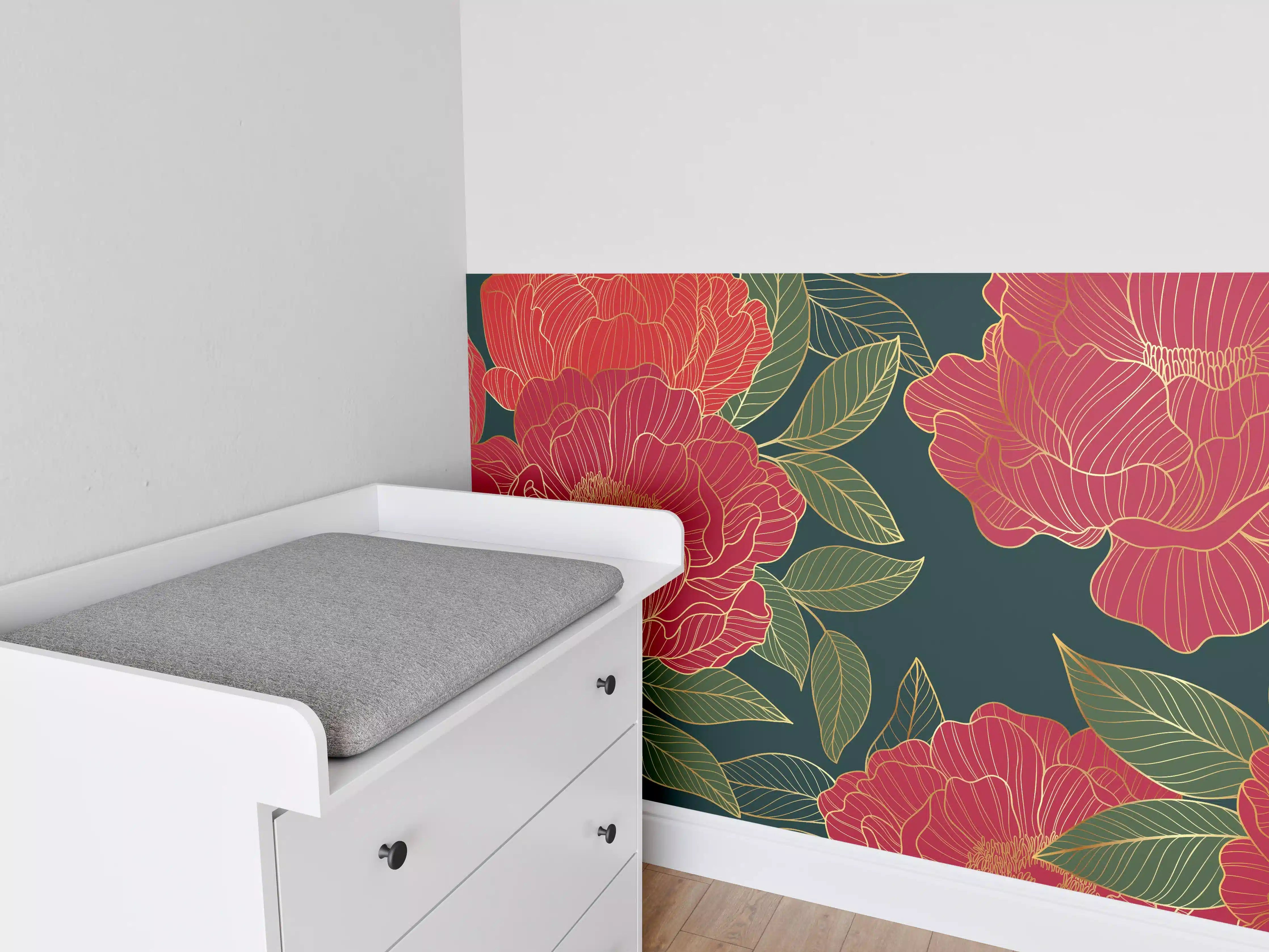 Babyzimmer Wandgestaltung - Pfingstrosen Muster Dunkelrot