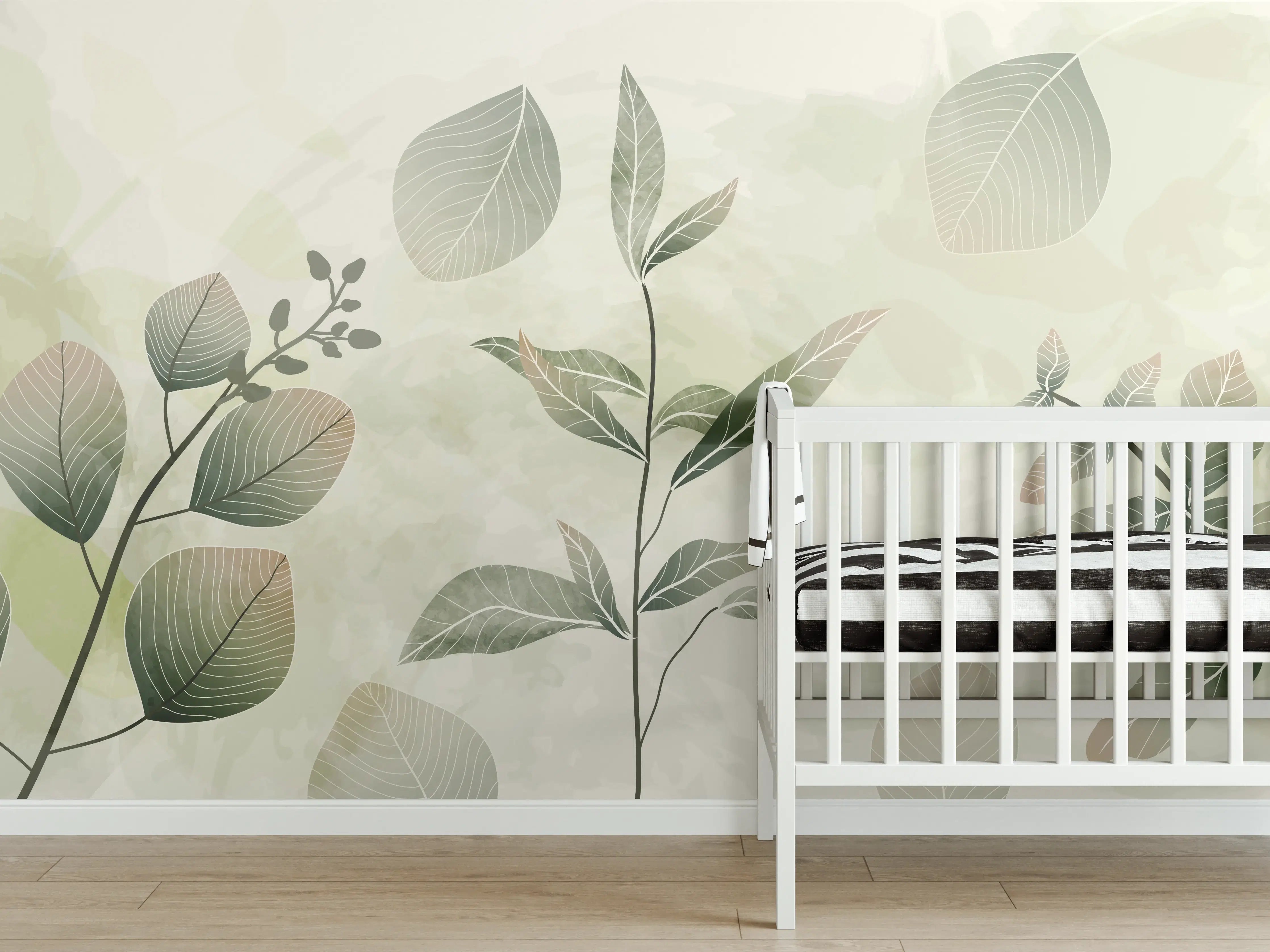 Babyzimmer Wandgestaltung - Pflanzenmuster in Grüntönen
