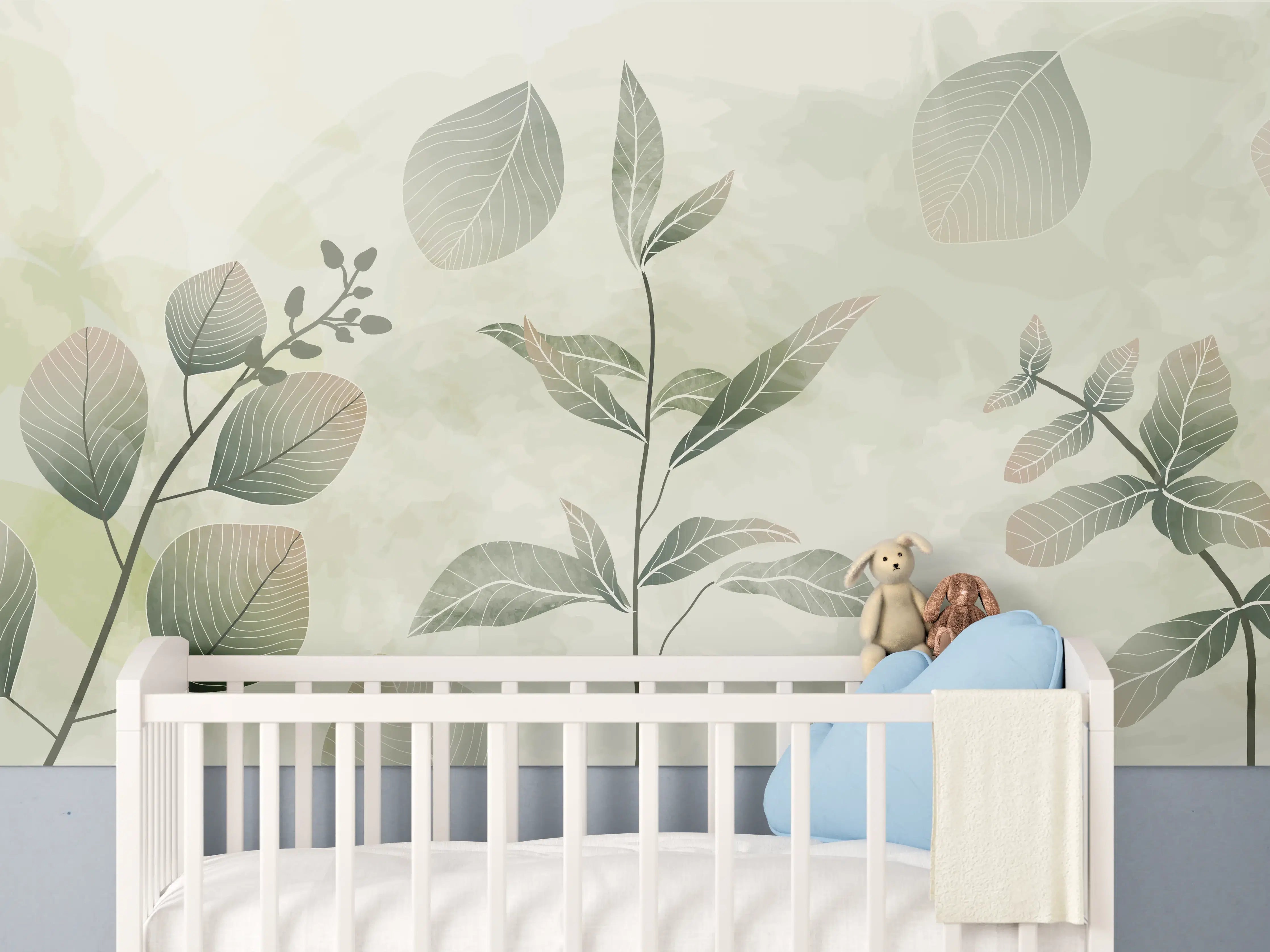 Babyzimmer Wandgestaltung - Pflanzenmuster in Grüntönen