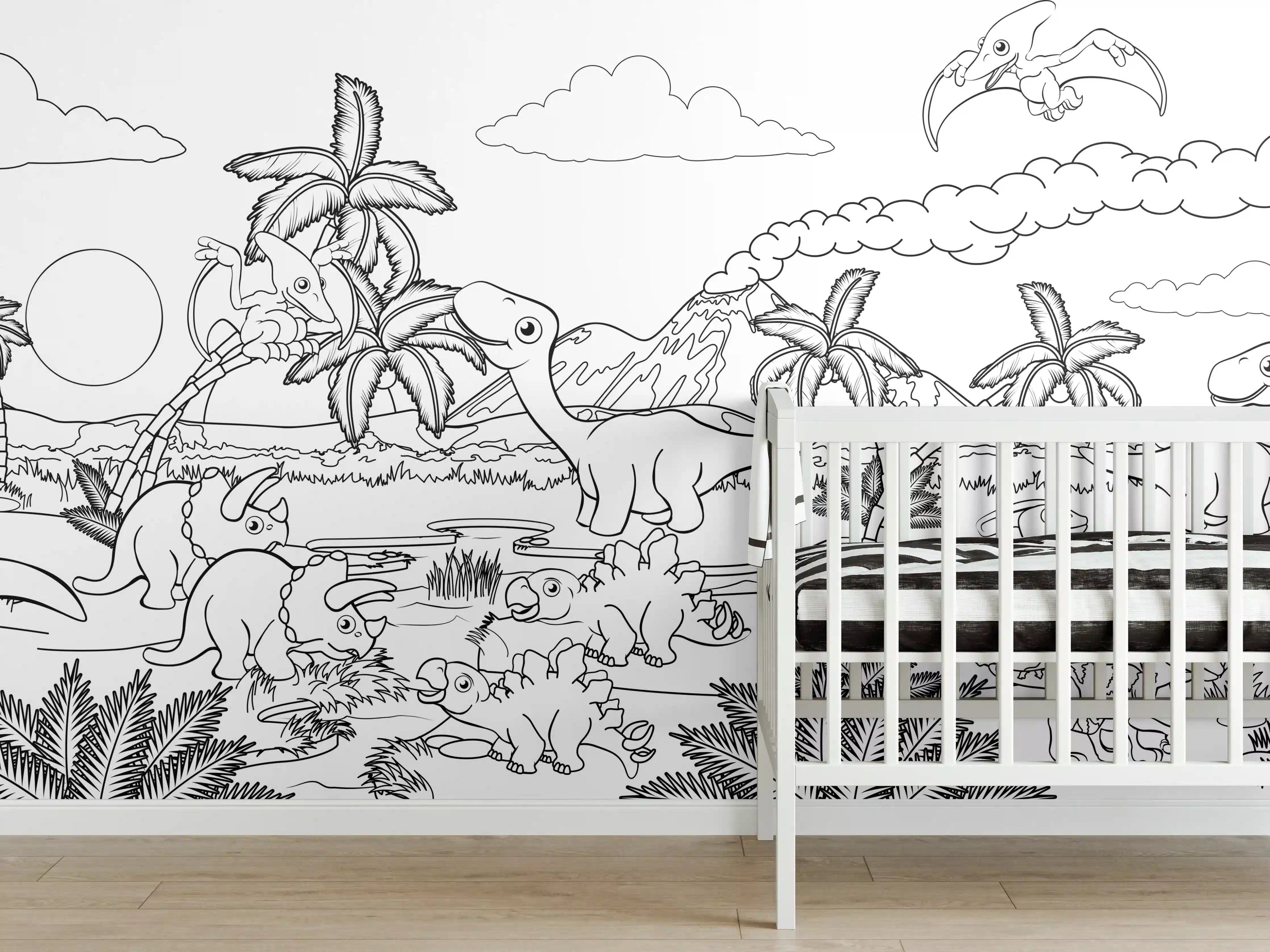 Babyzimmer Wandgestaltung - Prächtiges Dinosaurier-Szenario im Dschungel