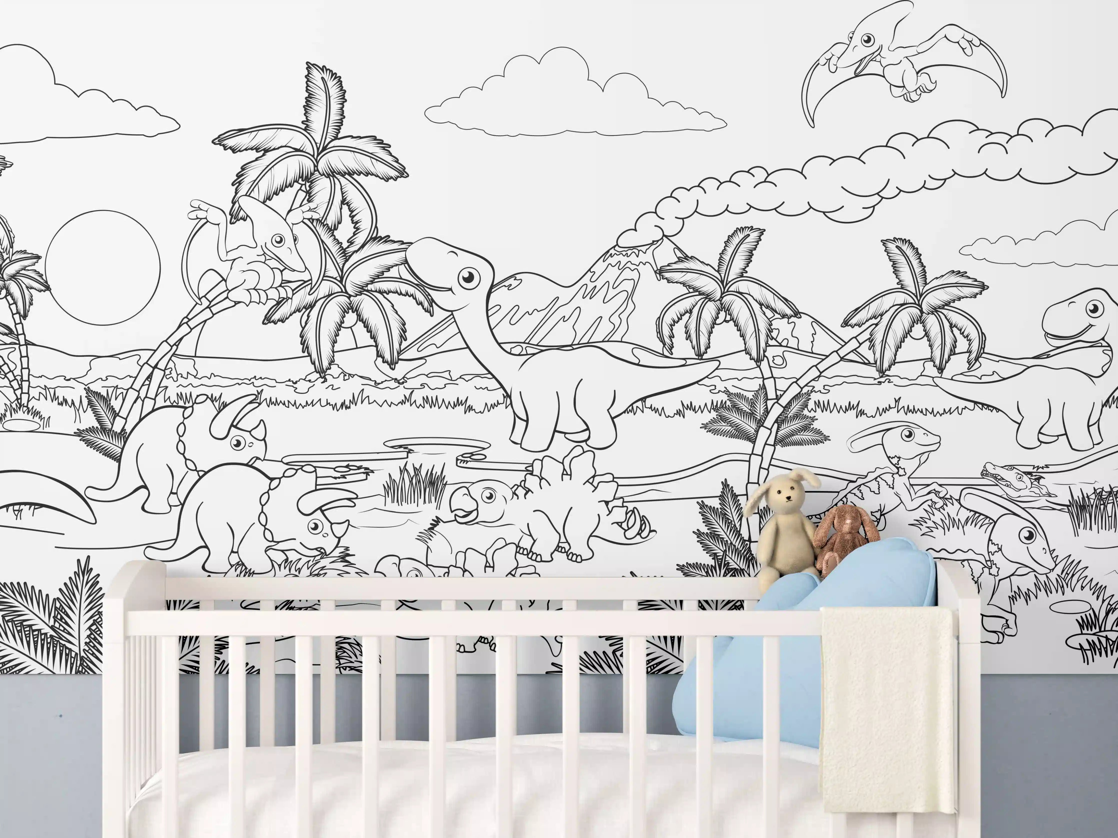 Babyzimmer Wandgestaltung - Prächtiges Dinosaurier-Szenario im Dschungel