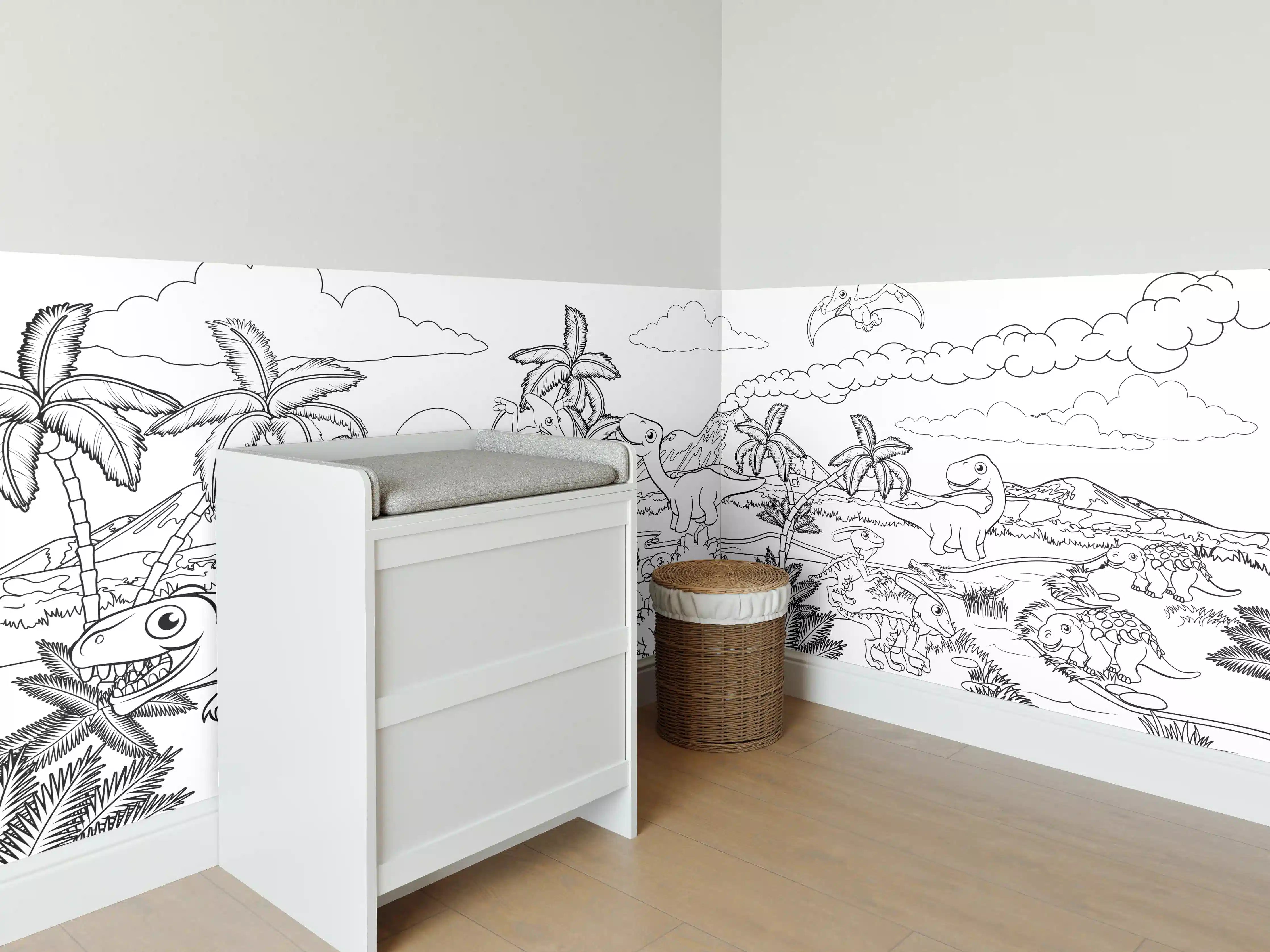 Babyzimmer Wandgestaltung - Prächtiges Dinosaurier-Szenario im Dschungel