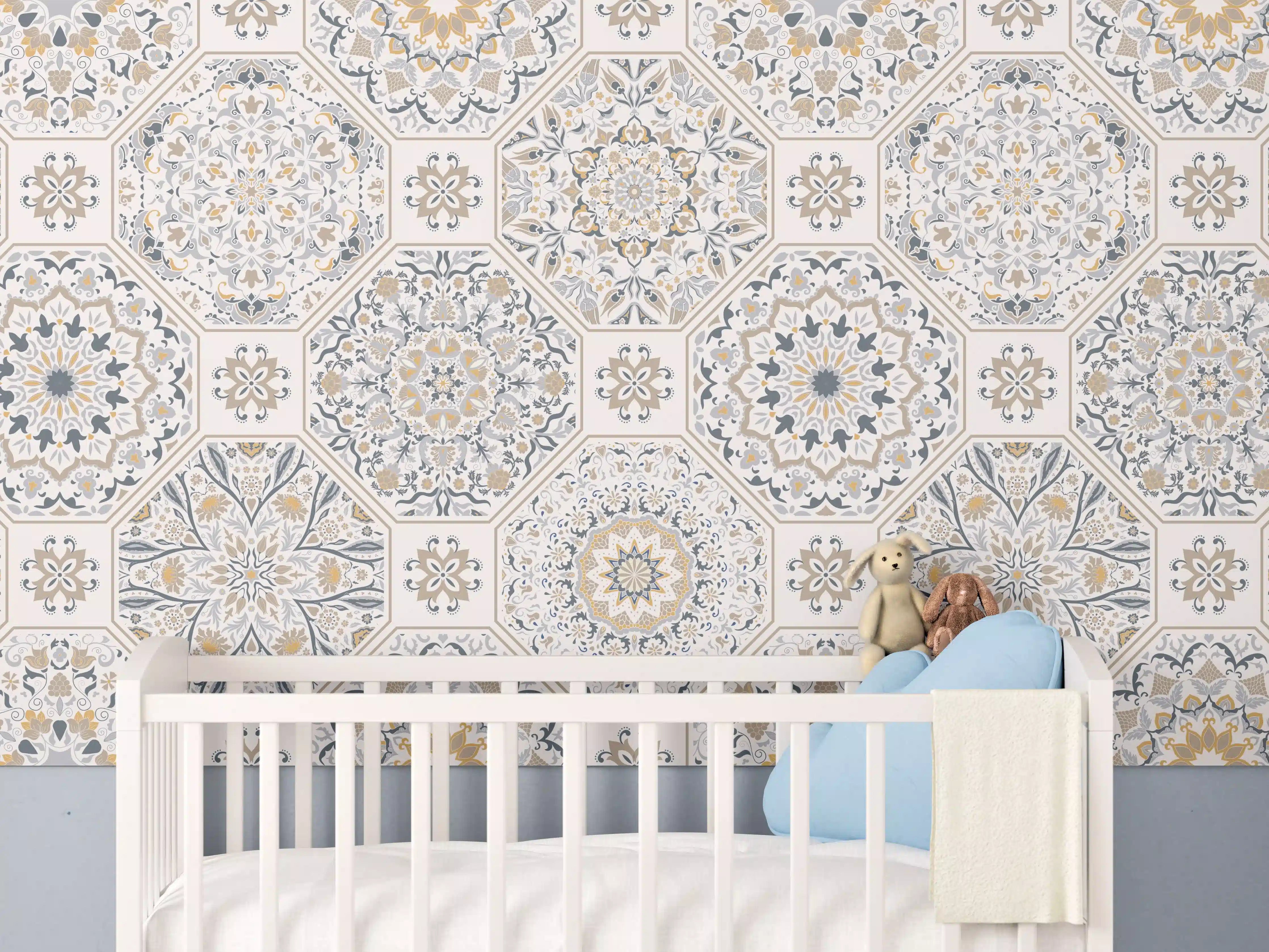 Babyzimmer Wandgestaltung - Premium Weiß-Grau Ornament-Muster