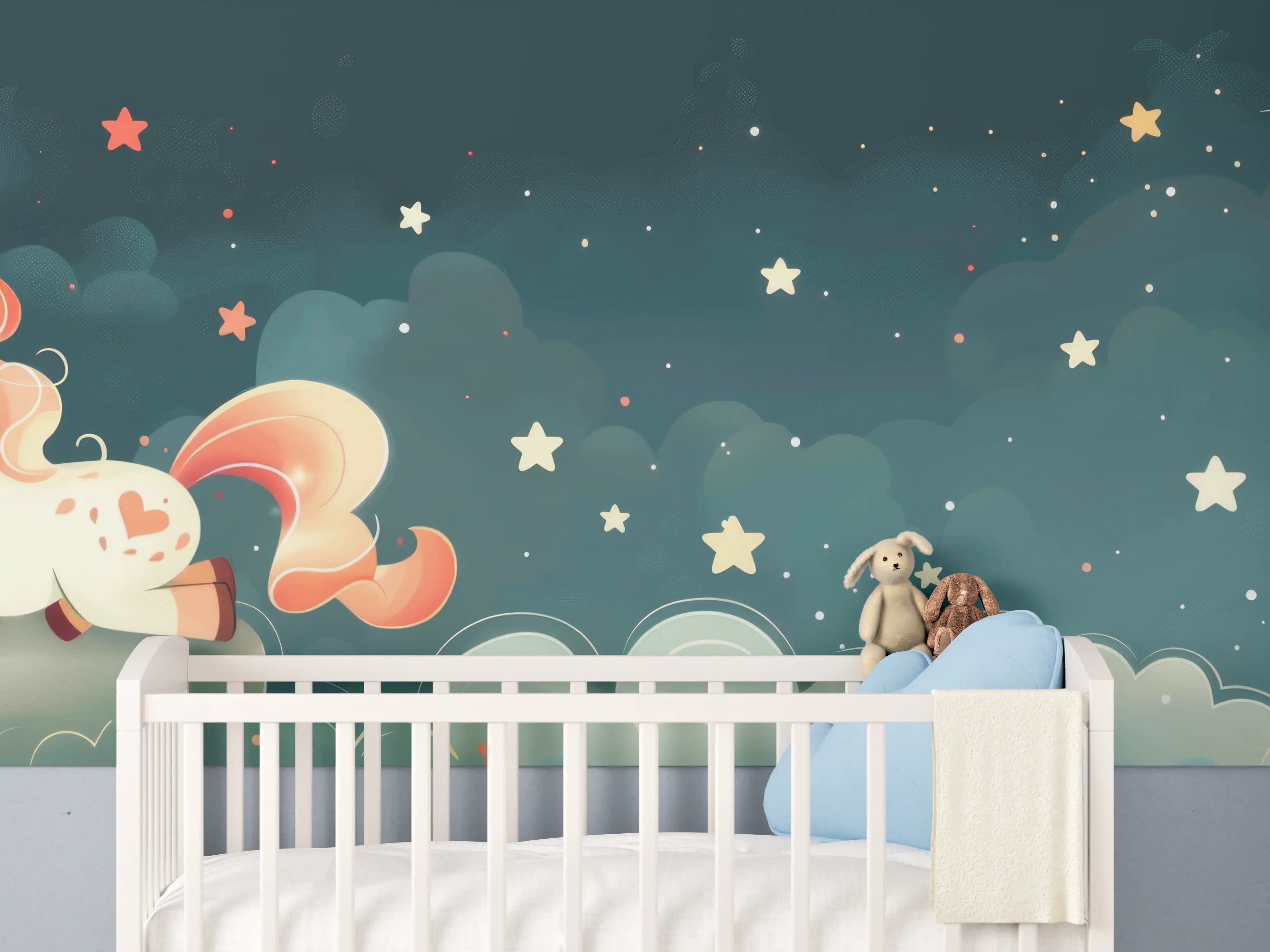 Babyzimmer Wandgestaltung - Prinzessin Unicorn im Sternenhimmel