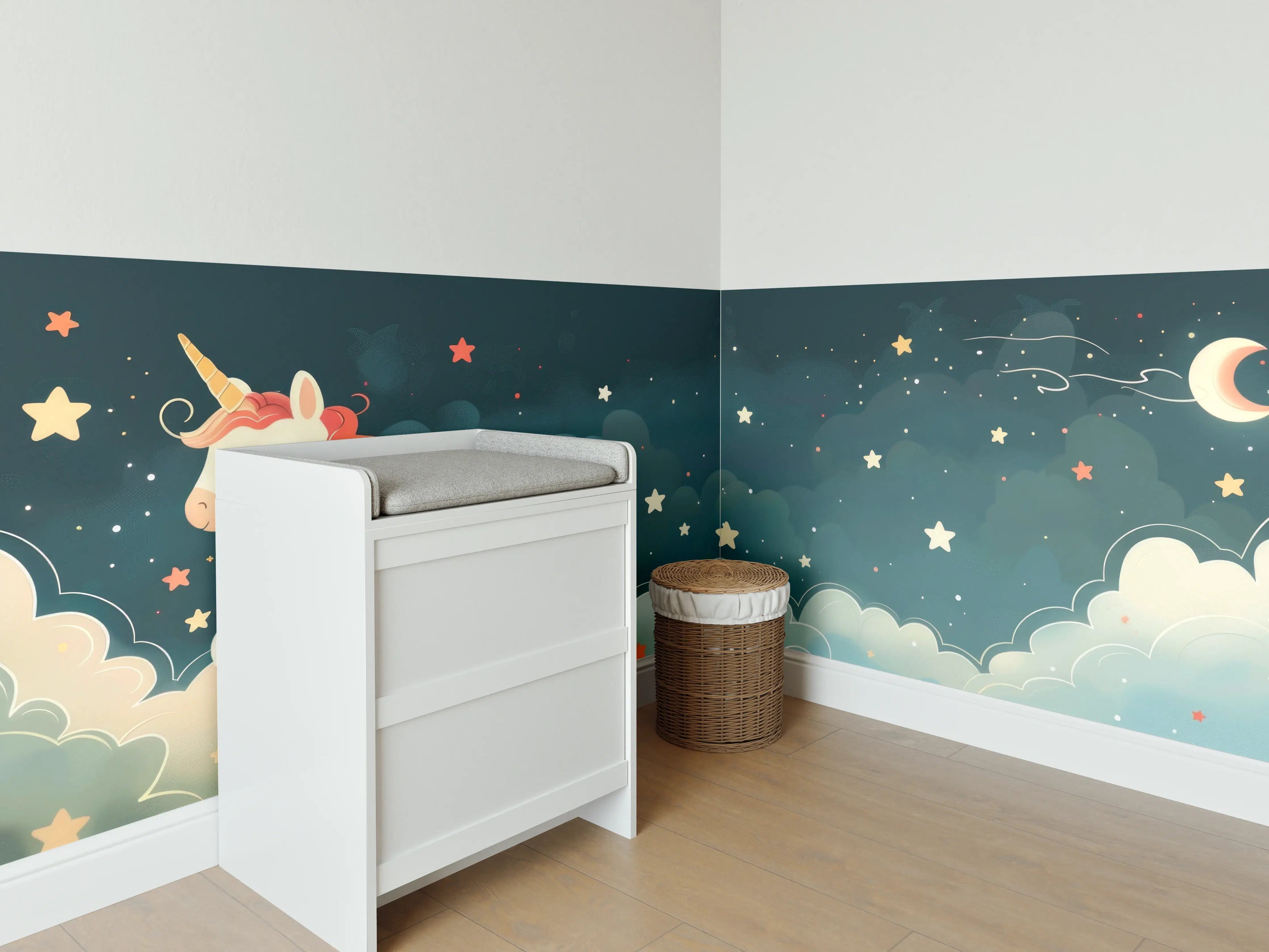 Babyzimmer Wandgestaltung - Prinzessin Unicorn im Sternenhimmel