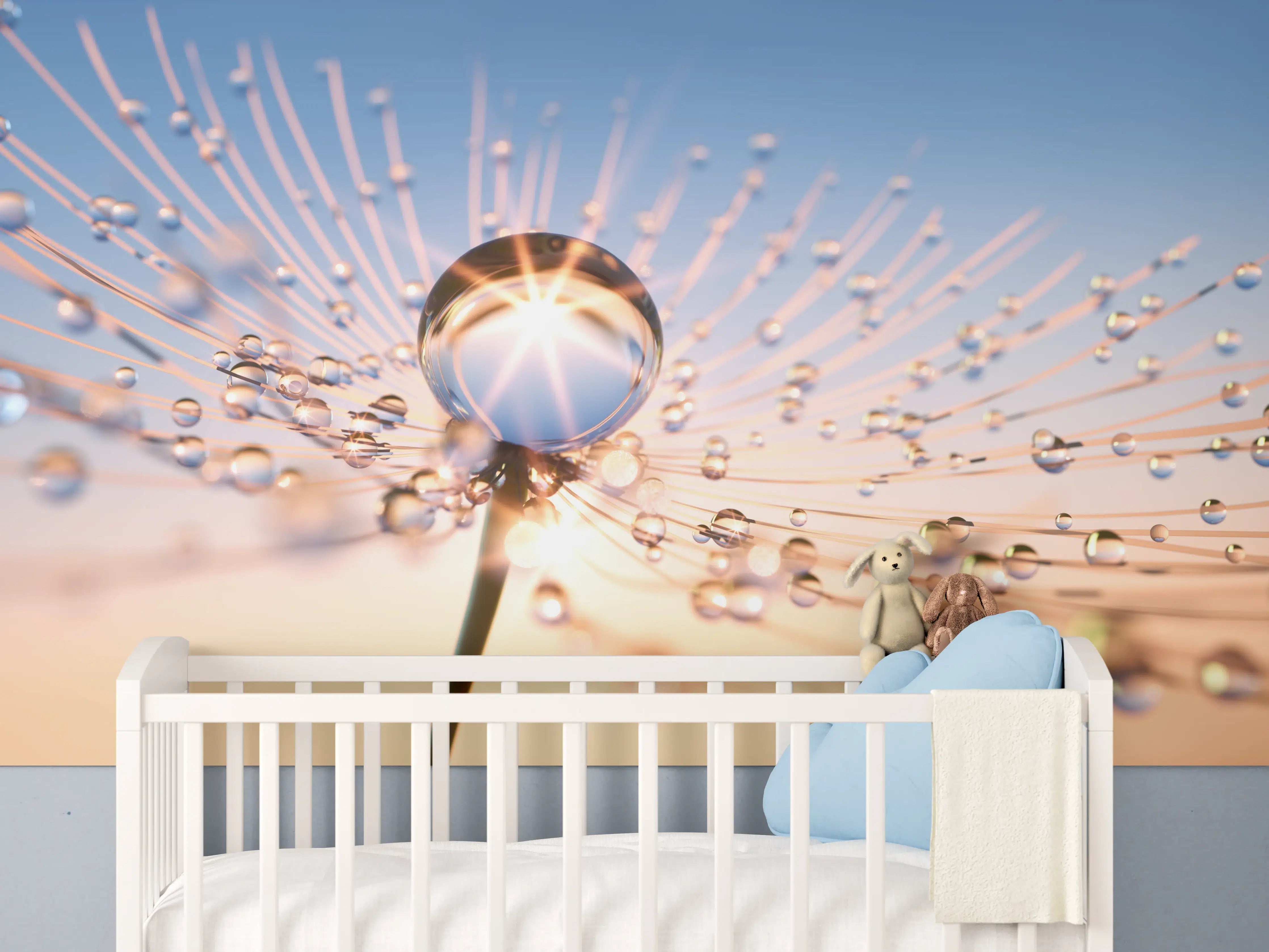 Babyzimmer Wandgestaltung - Pusteblume in Nahaufnahme mit Tautropfen