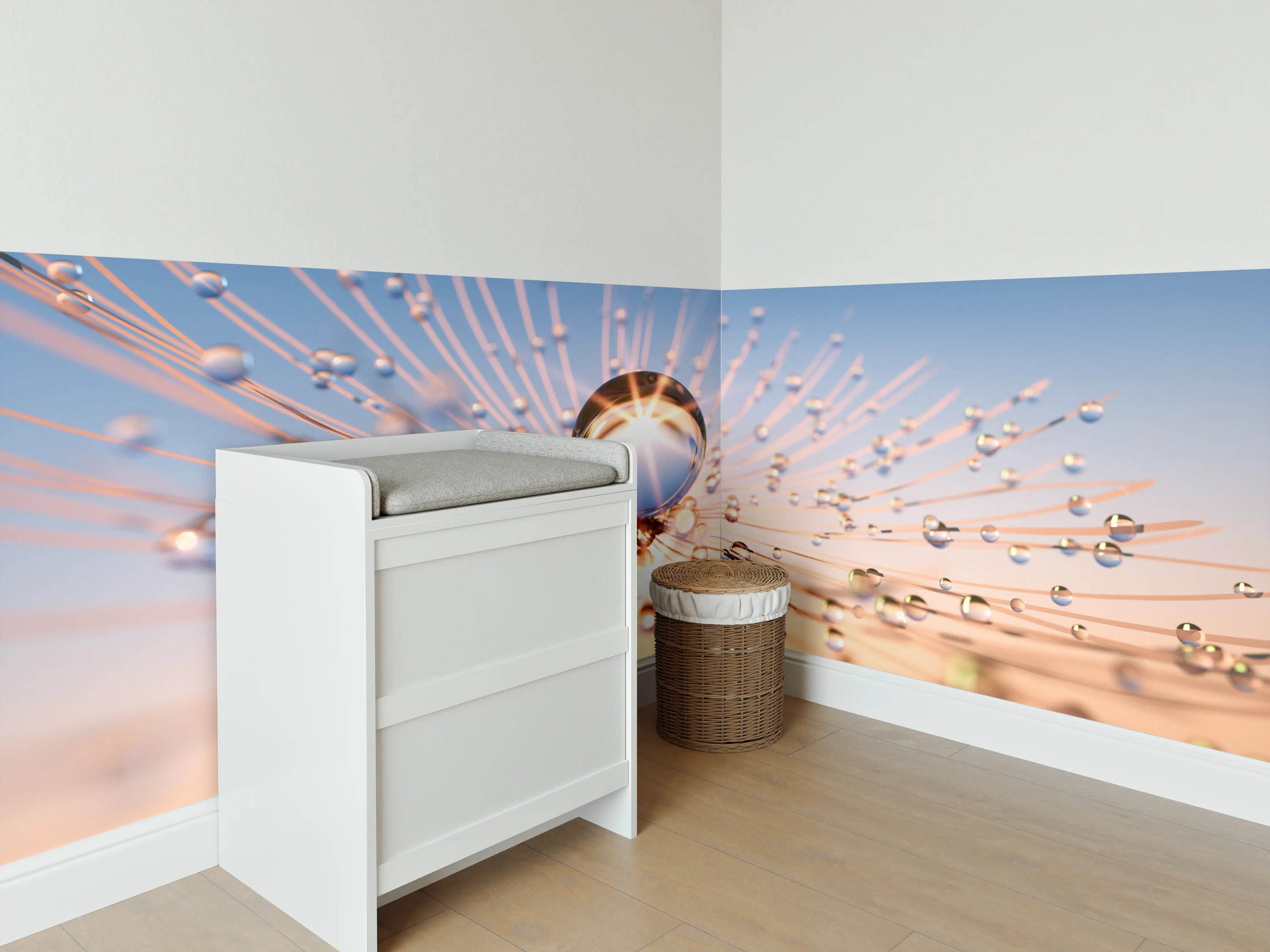 Babyzimmer Wandgestaltung - Pusteblume in Nahaufnahme mit Tautropfen