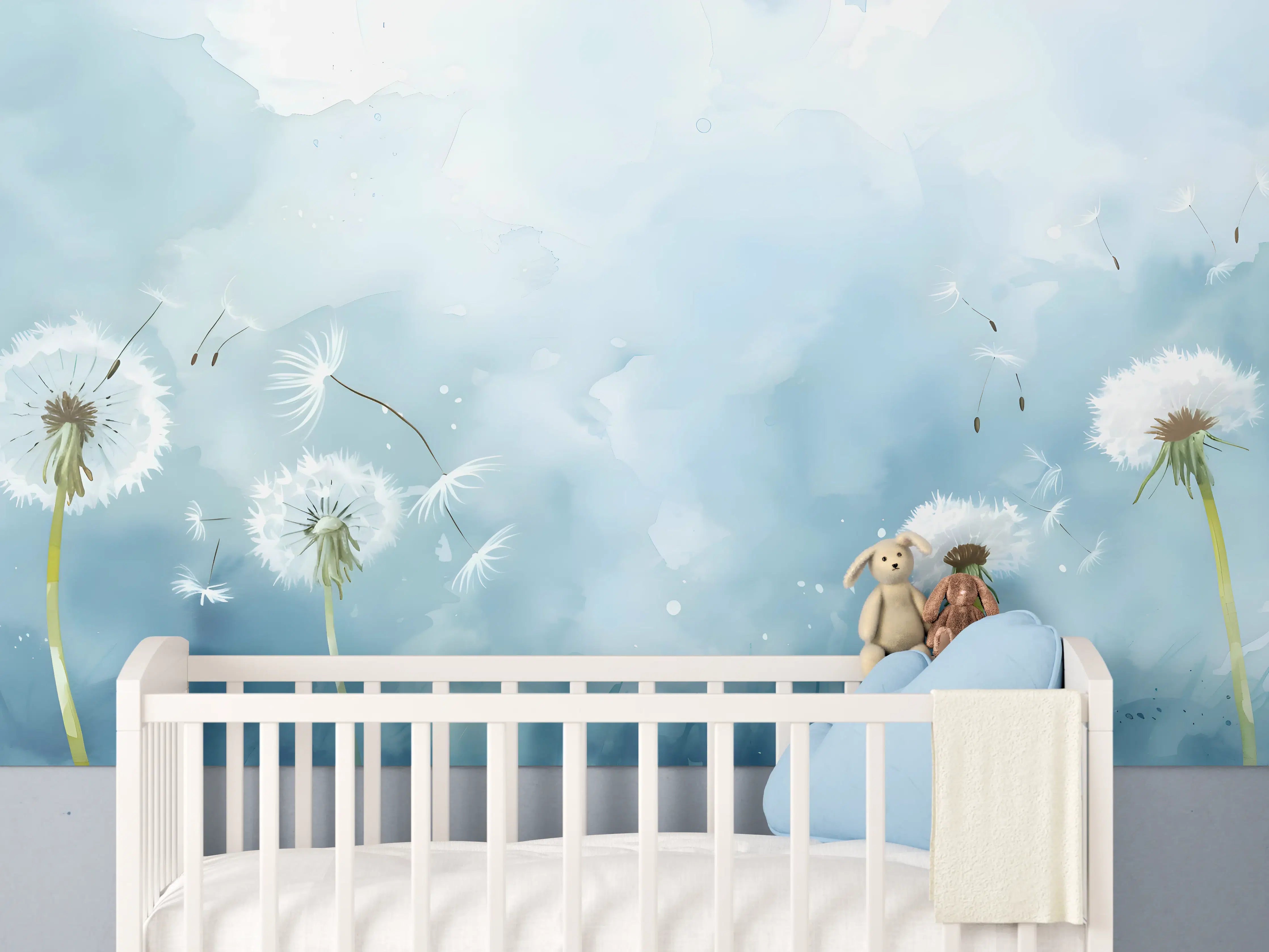 Babyzimmer Wandgestaltung - Pusteblumen Aquarell Blau-Weiß