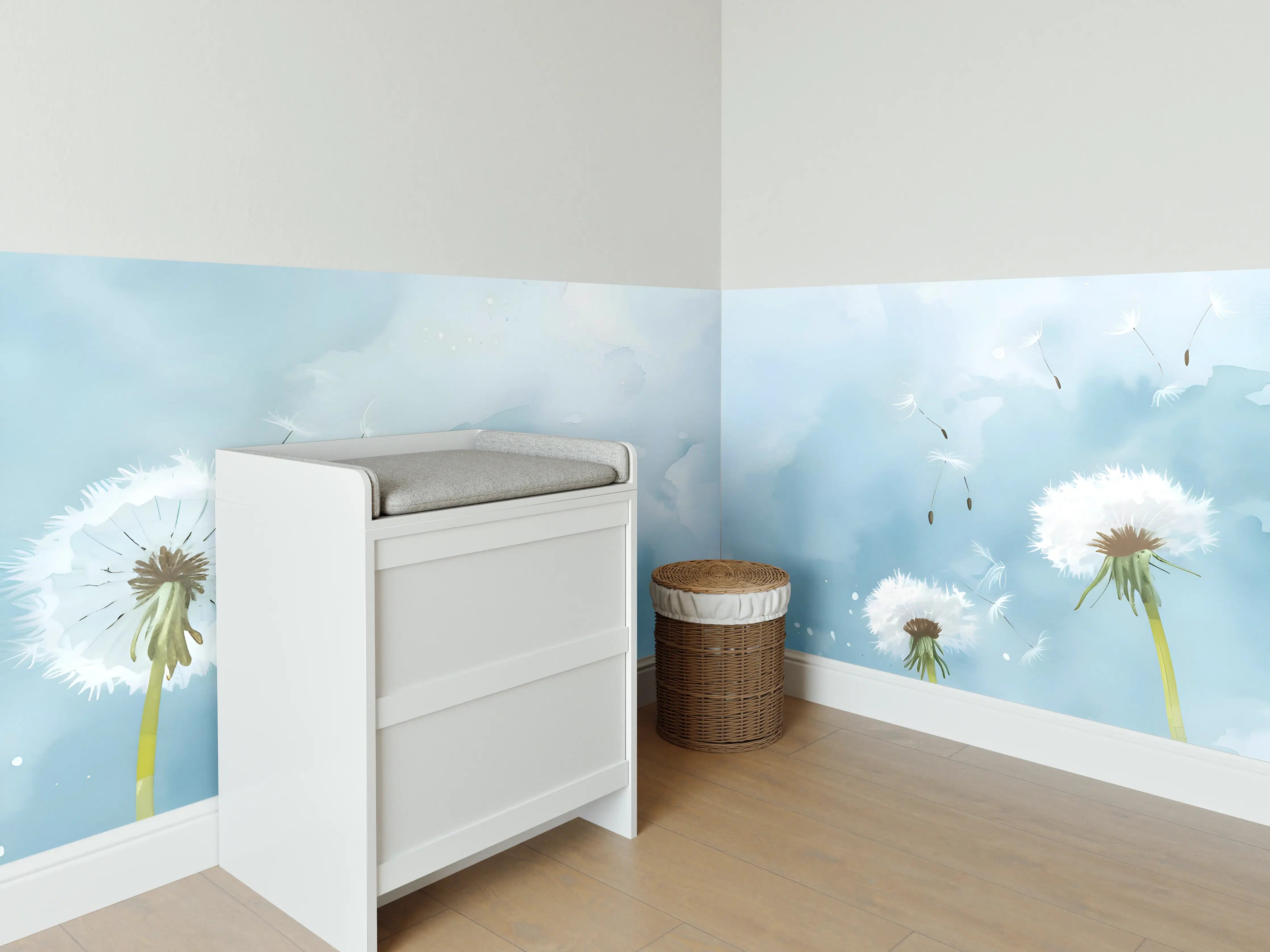 Babyzimmer Wandgestaltung - Pusteblumen Aquarell Blau-Weiß