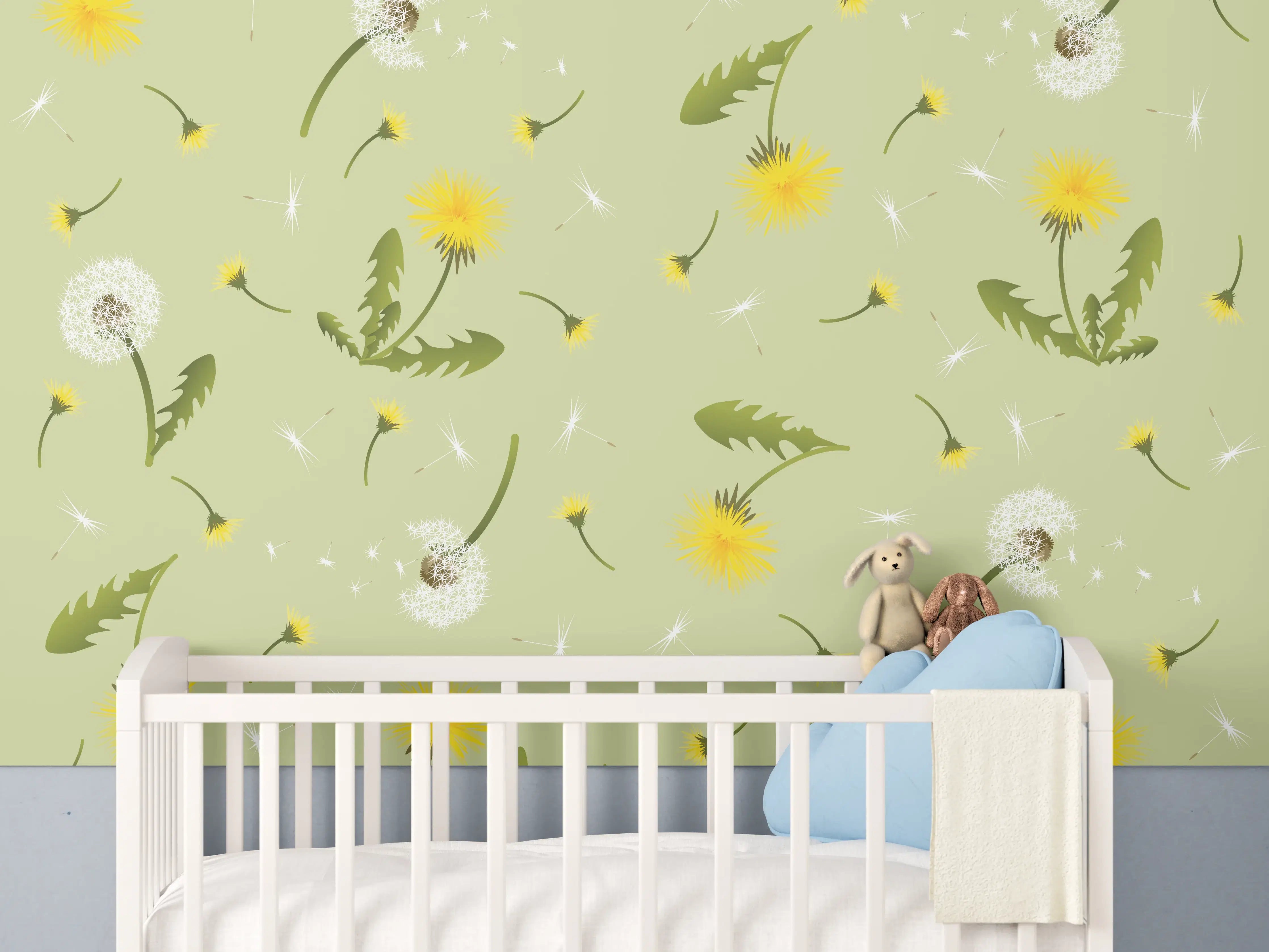 Babyzimmer Wandgestaltung - Pusteblumen Grün-Gelb Muster