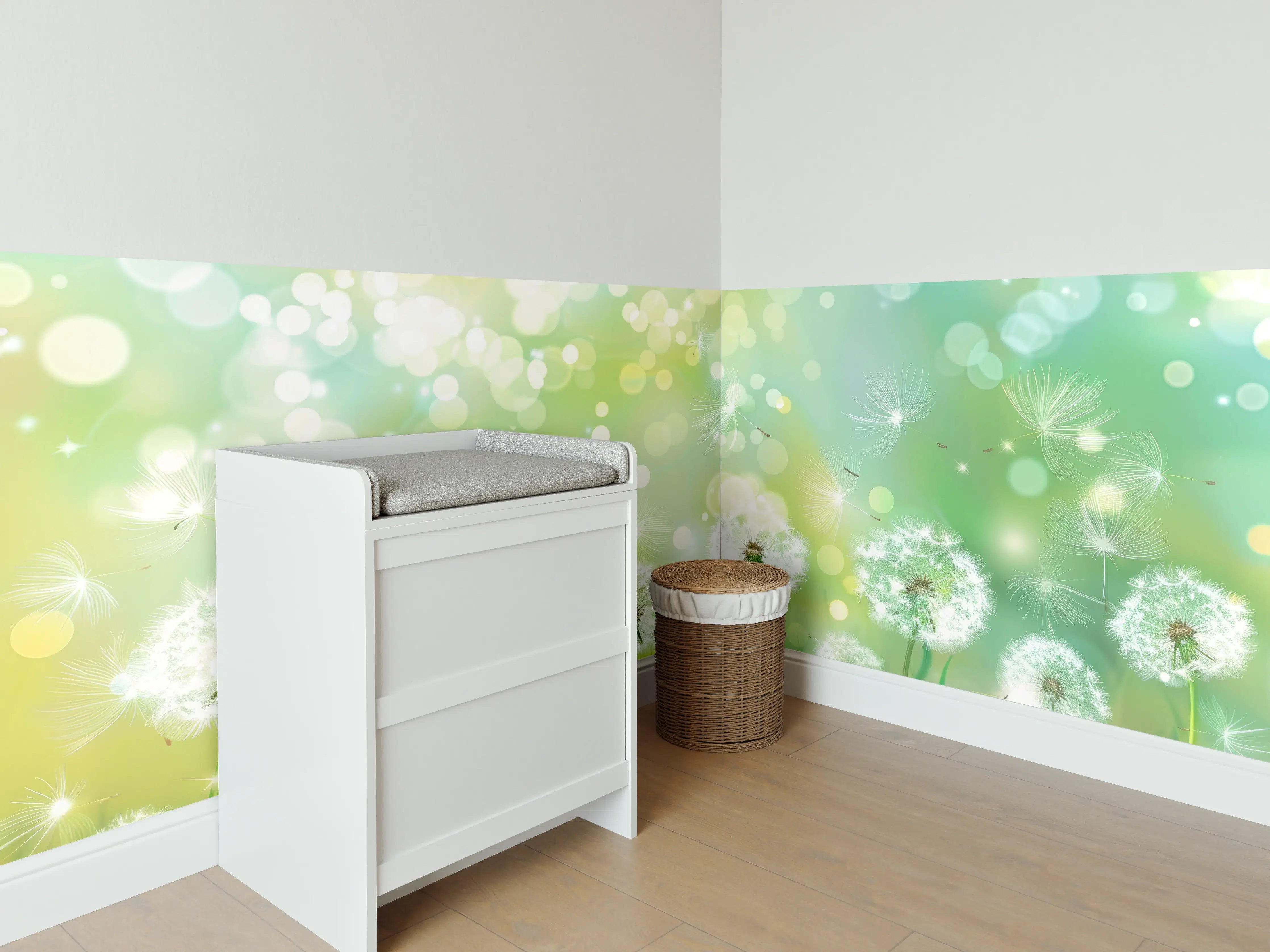 Babyzimmer Wandgestaltung - Pusteblumen im Frühlingsgrün