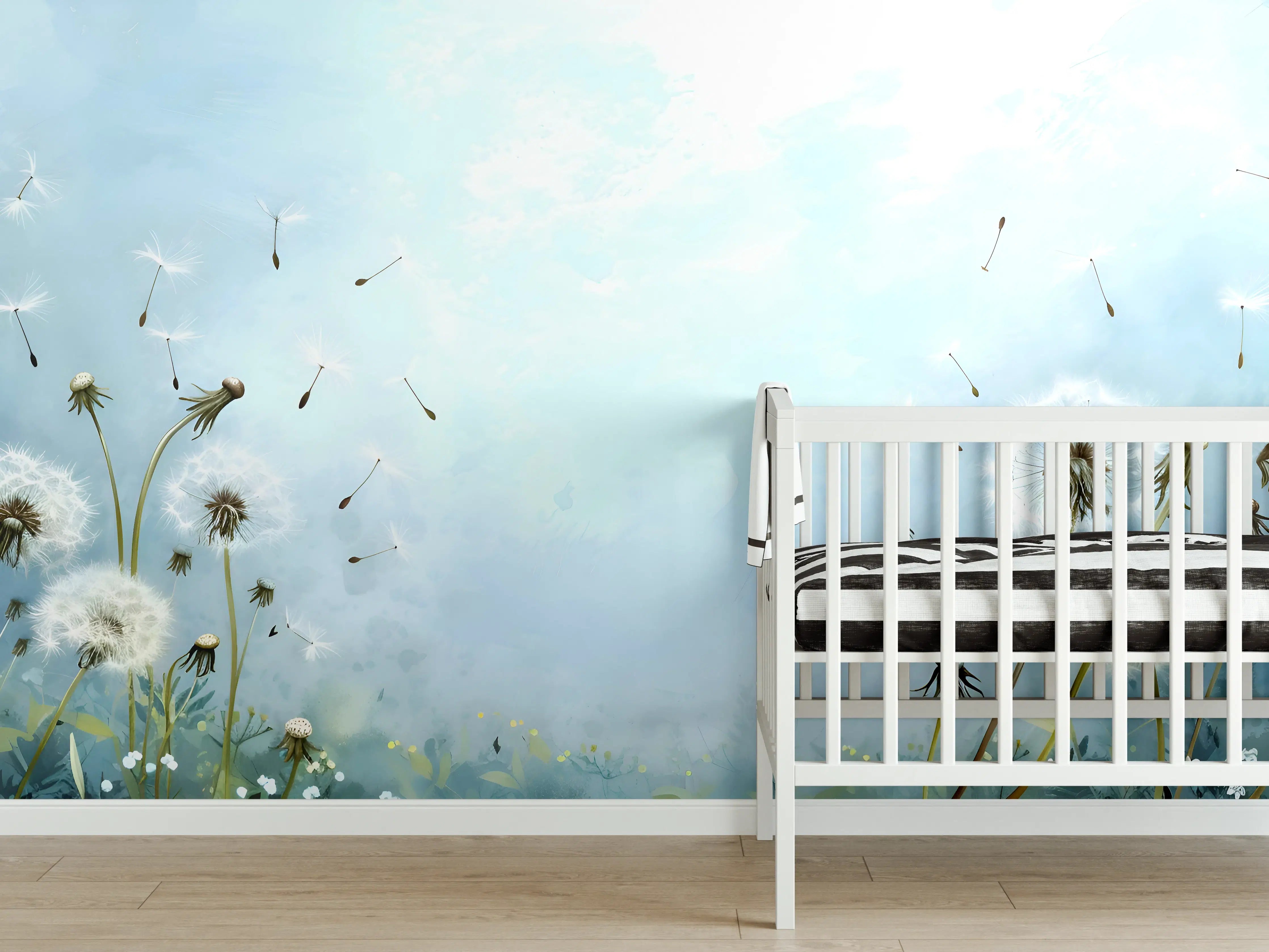 Babyzimmer Wandgestaltung - Pusteblumen im blauen Himmel