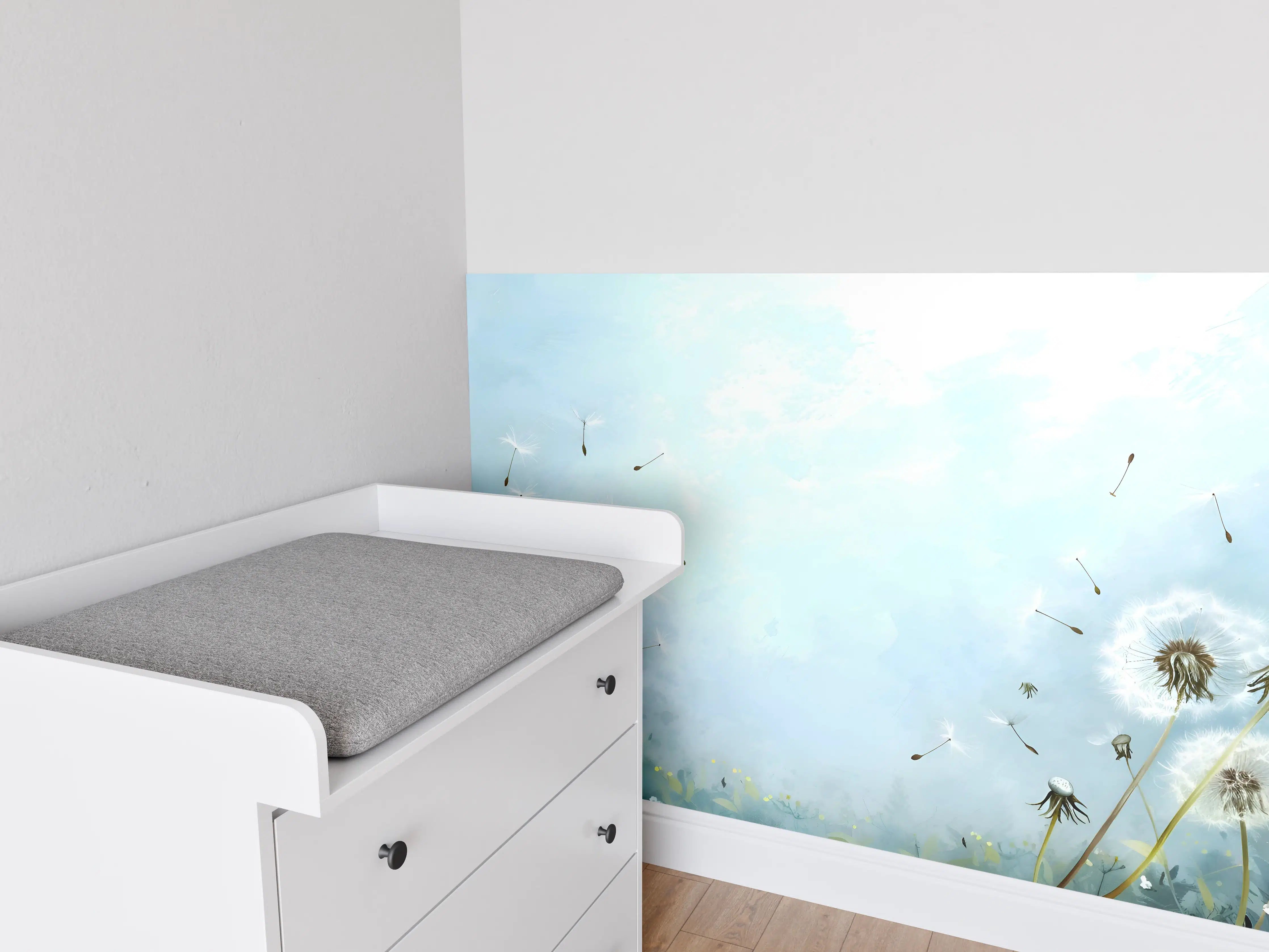 Babyzimmer Wandgestaltung - Pusteblumen im blauen Himmel