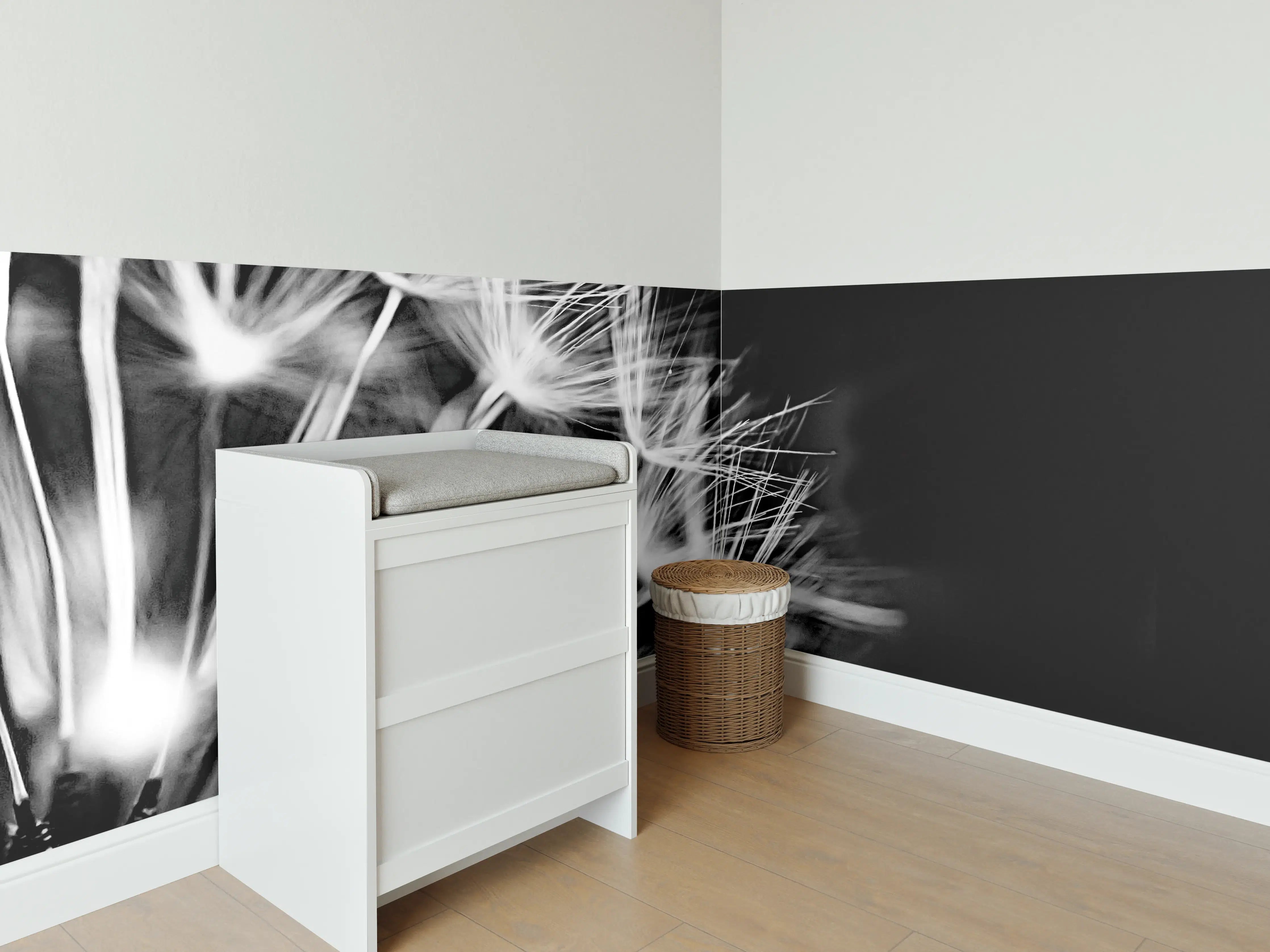Babyzimmer Wandgestaltung - Pusteblumen schwarz-weiß Hintergrund
