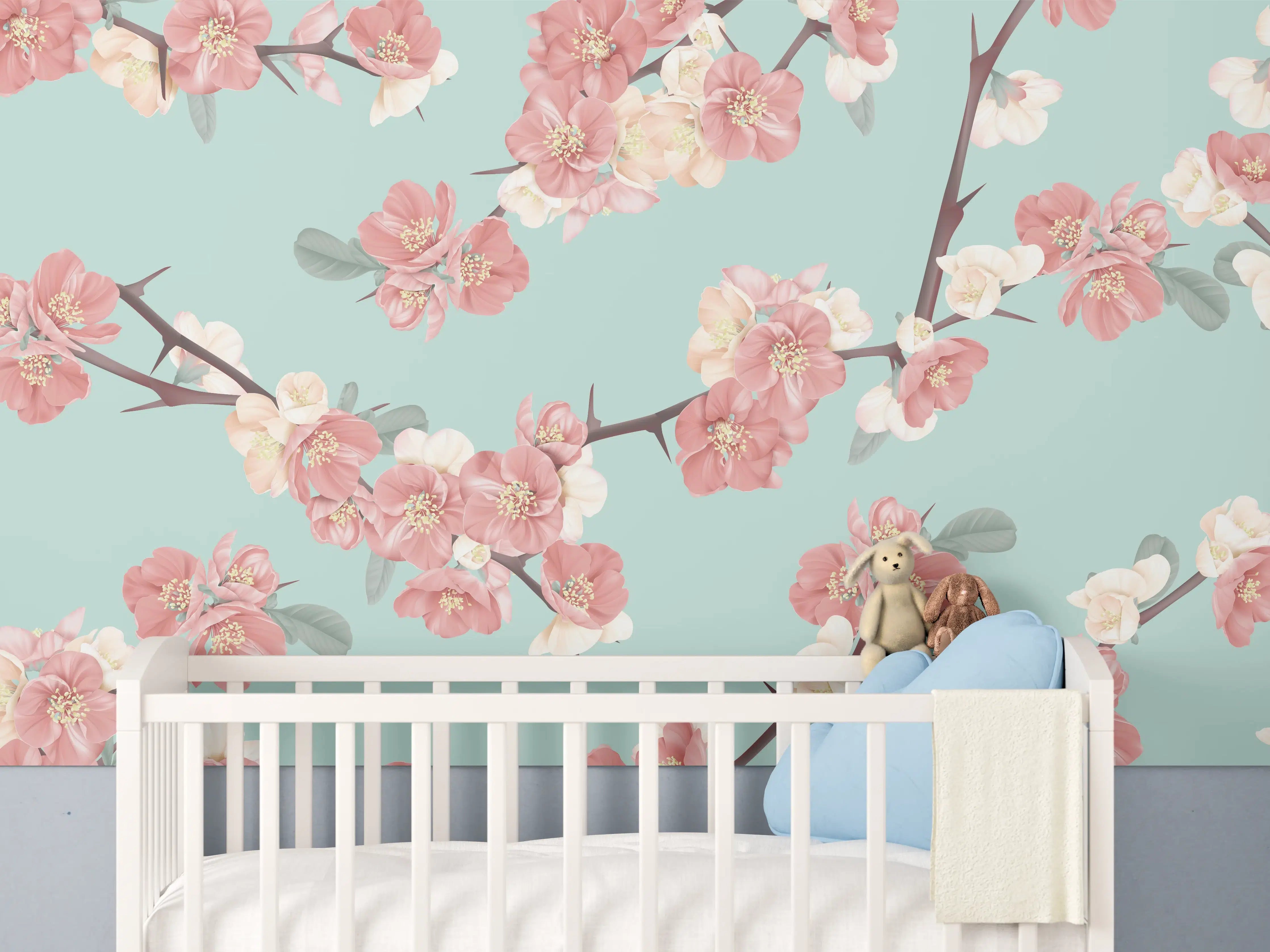 Babyzimmer Wandgestaltung - Quittenblüte Pastell Vintagemuster