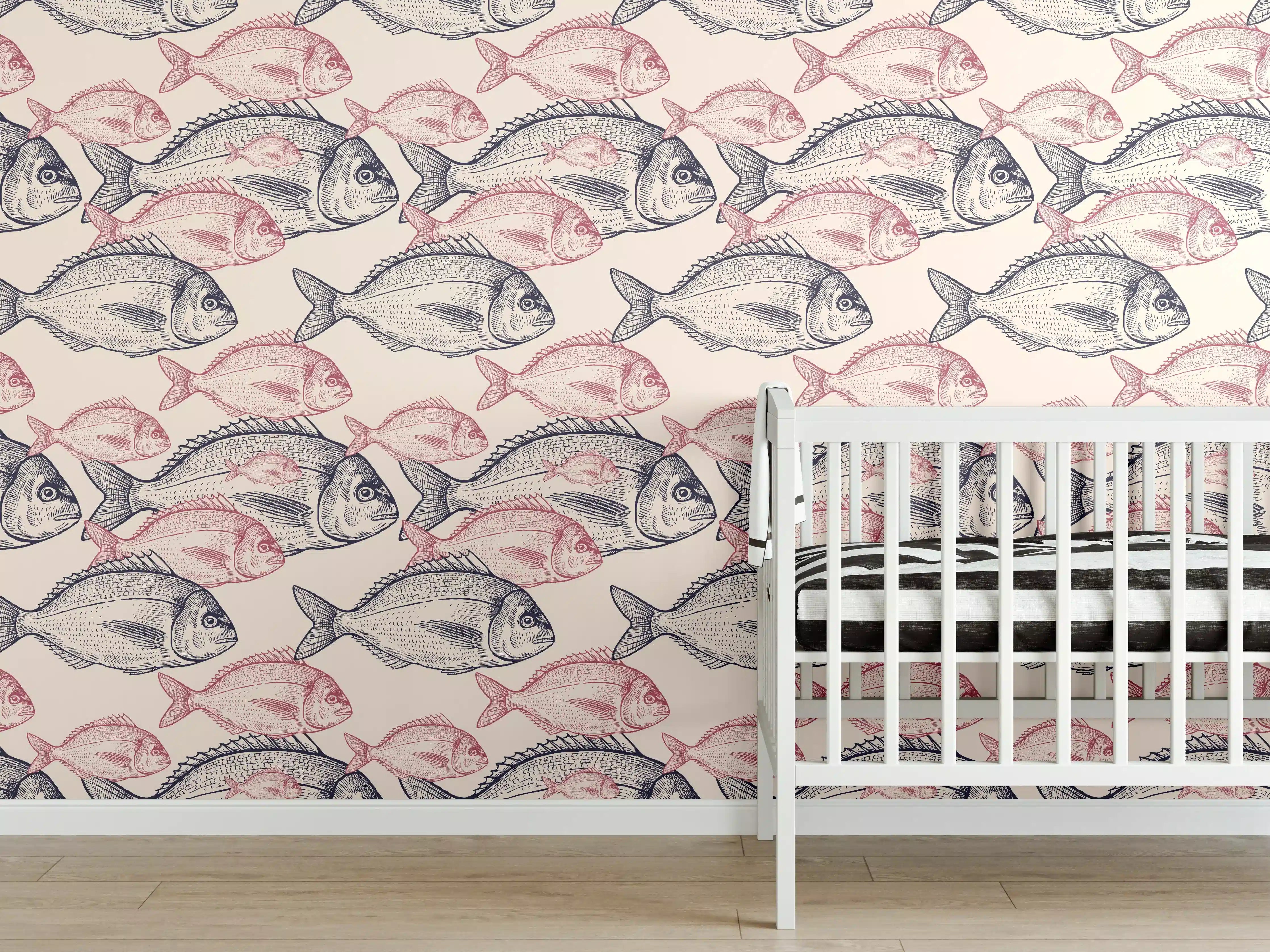 Babyzimmer Wandgestaltung - Realistisches Fischmuster Rosa-Grau