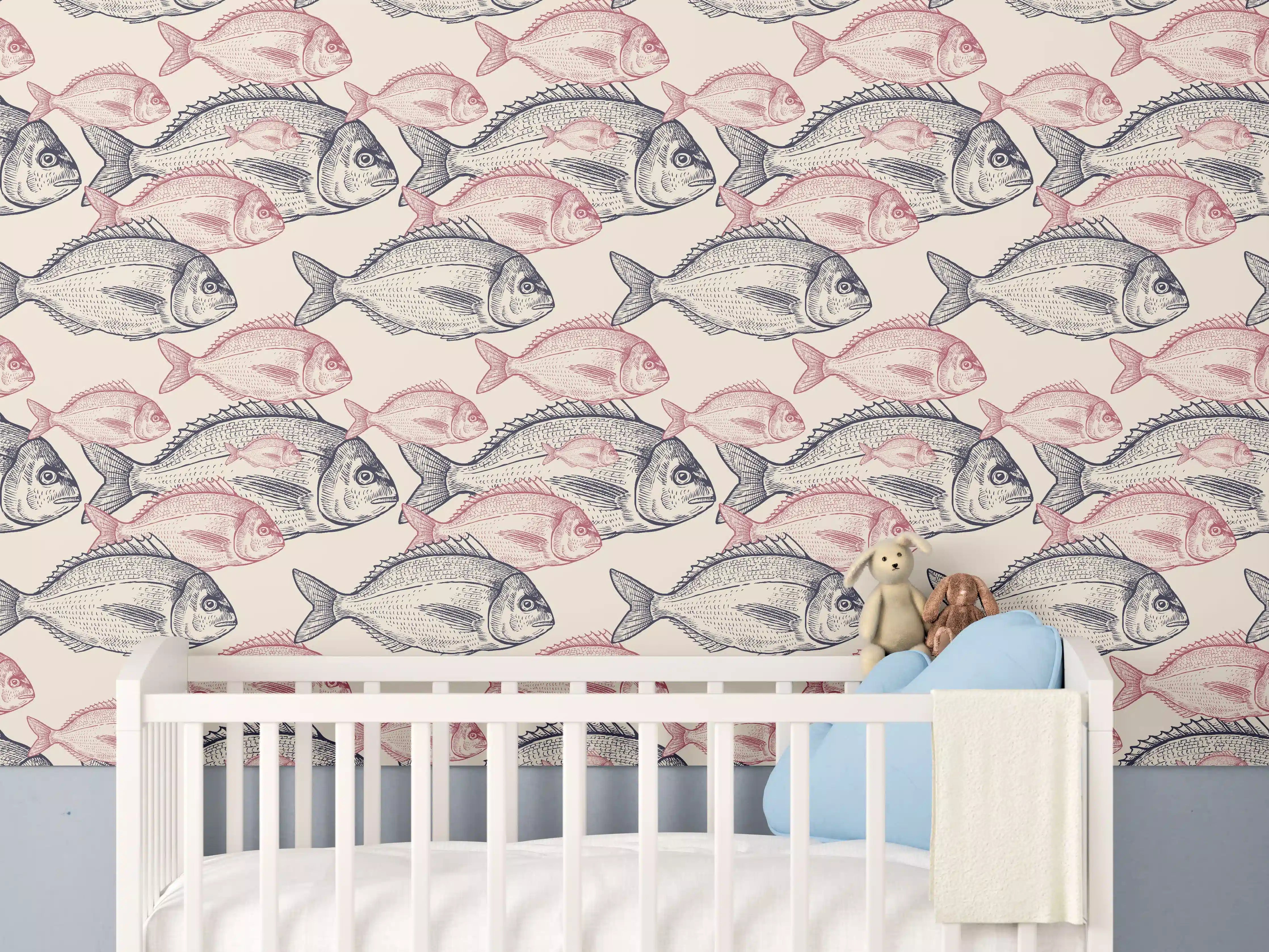 Babyzimmer Wandgestaltung - Realistisches Fischmuster Rosa-Grau
