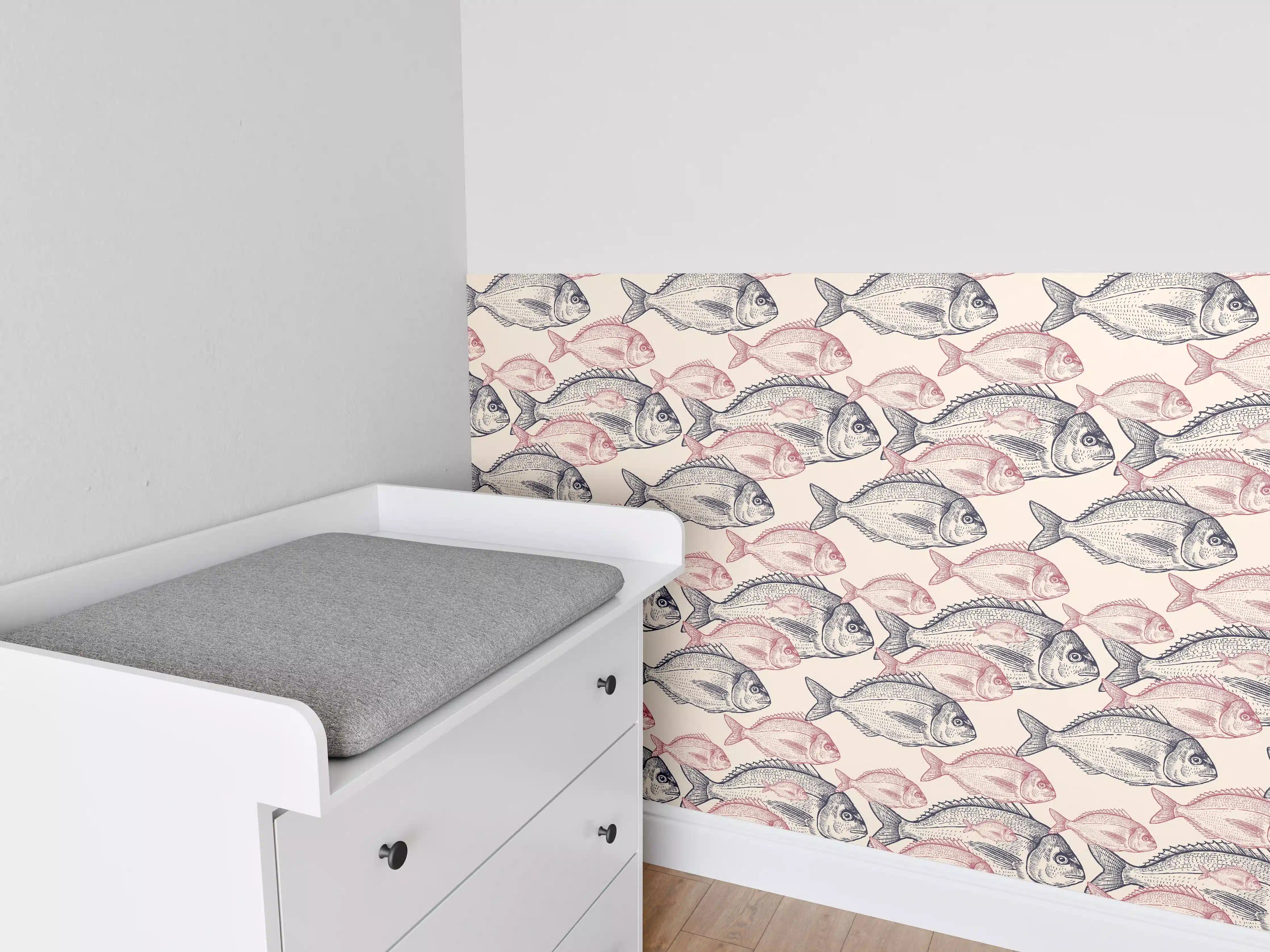 Babyzimmer Wandgestaltung - Realistisches Fischmuster Rosa-Grau