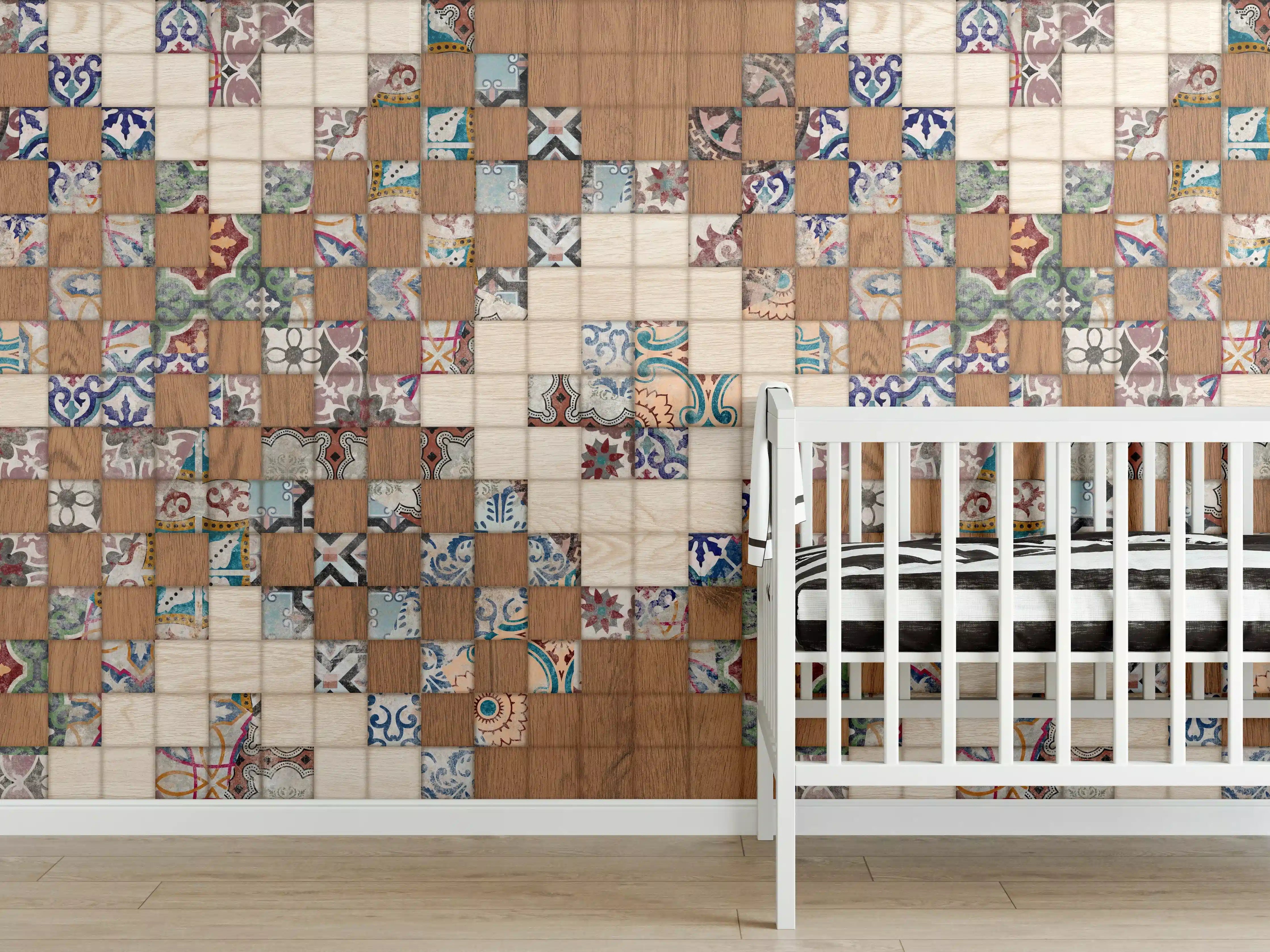 Babyzimmer Wandgestaltung - Retro Mosaik Holztextur