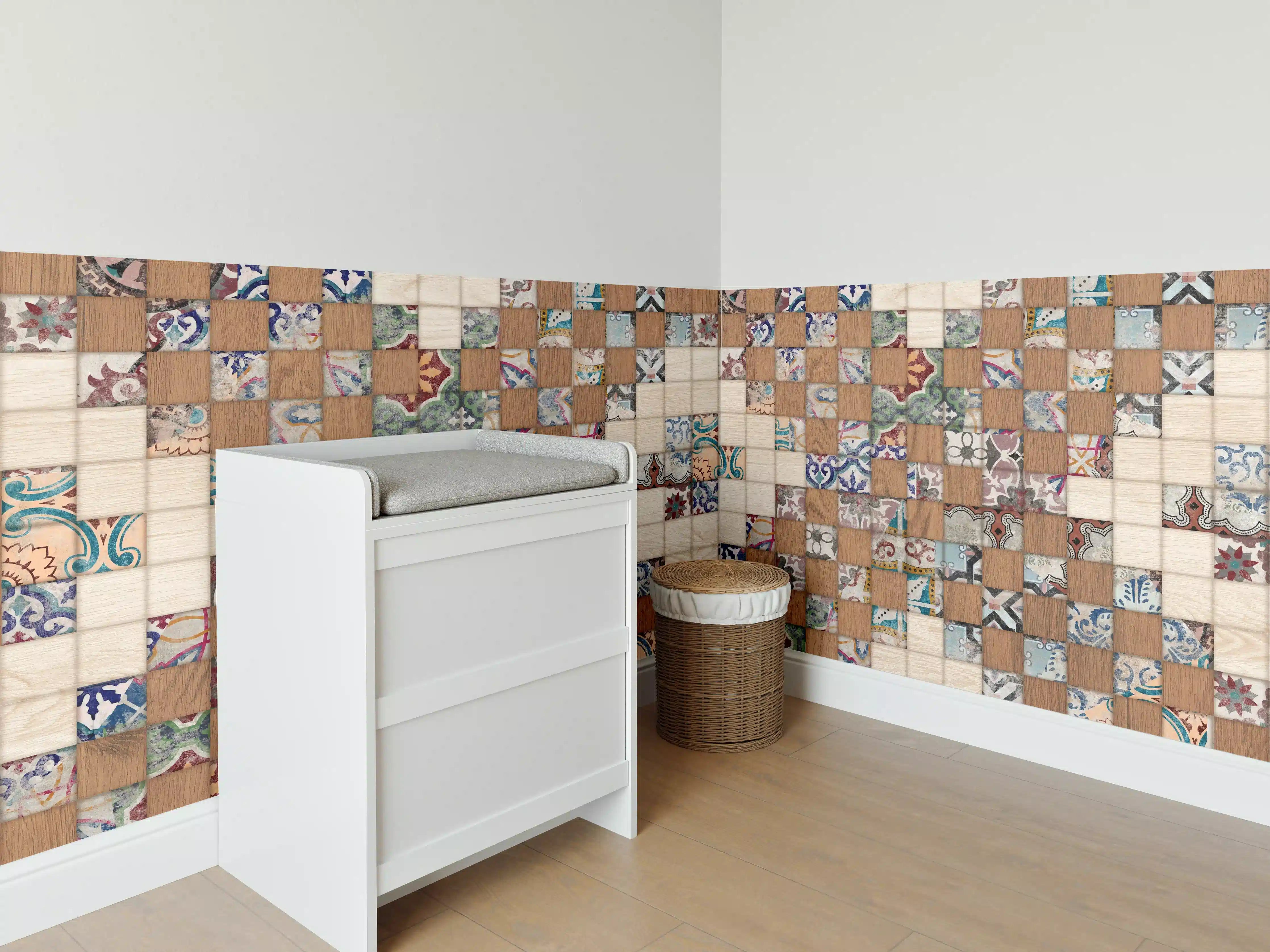 Babyzimmer Wandgestaltung - Retro Mosaik Holztextur