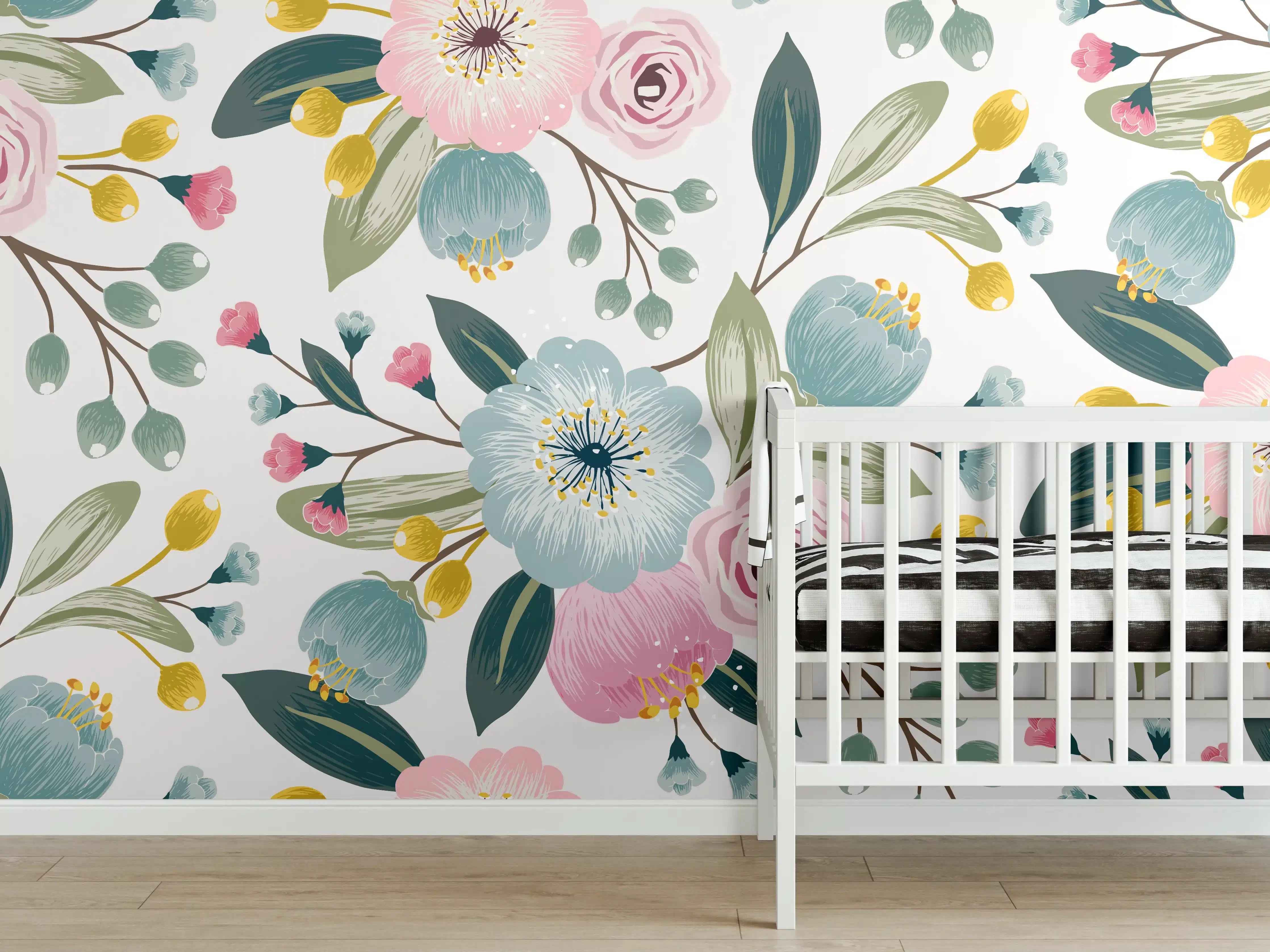 Babyzimmer Wandgestaltung - Rosa Blumenmuster Tapete