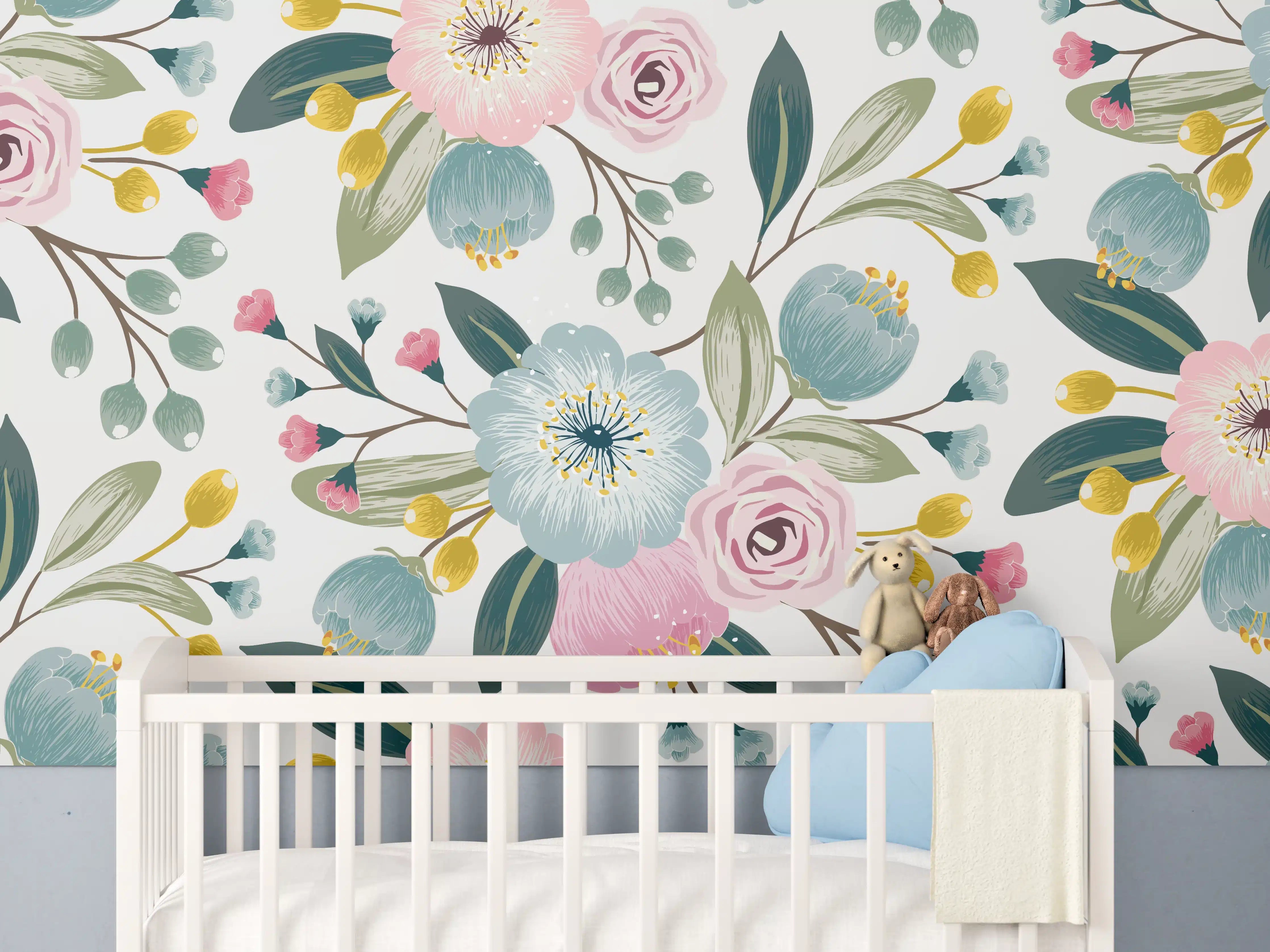 Babyzimmer Wandgestaltung - Rosa Blumenmuster Tapete