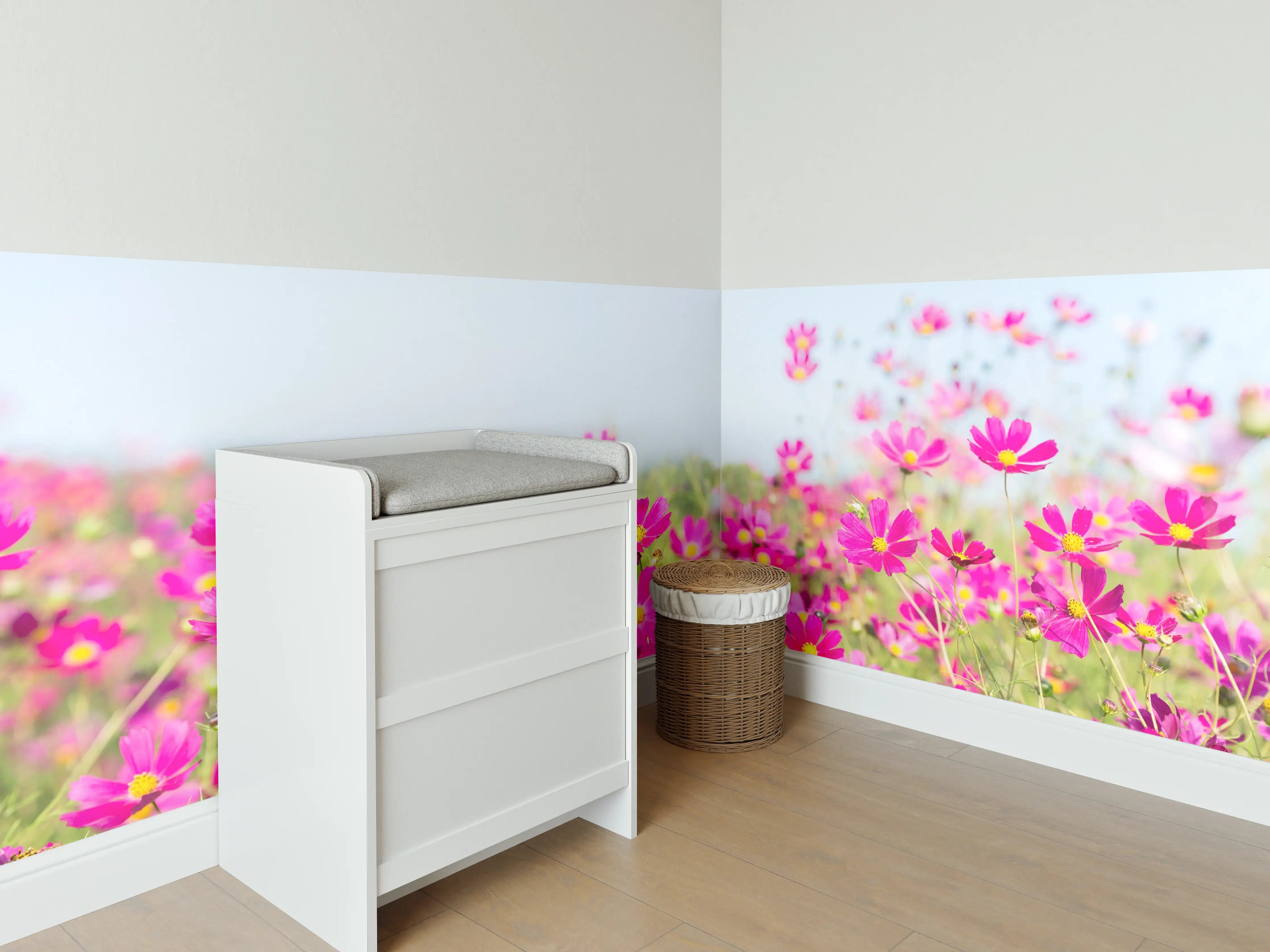 Babyzimmer Wandgestaltung - Rosa Blumenwiese Panorama