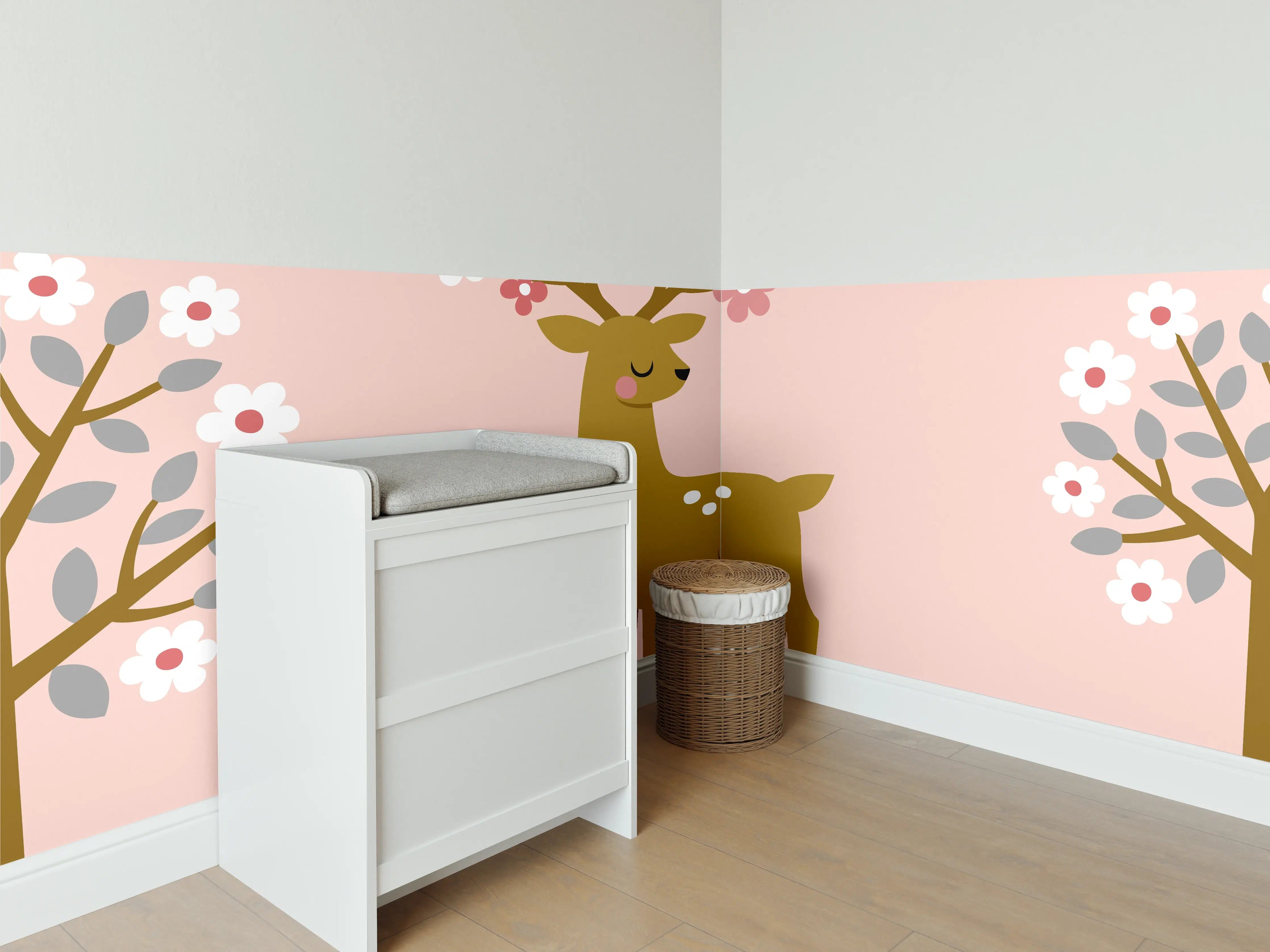 Babyzimmer Wandgestaltung - Rosa Hirsch Blumenmuster