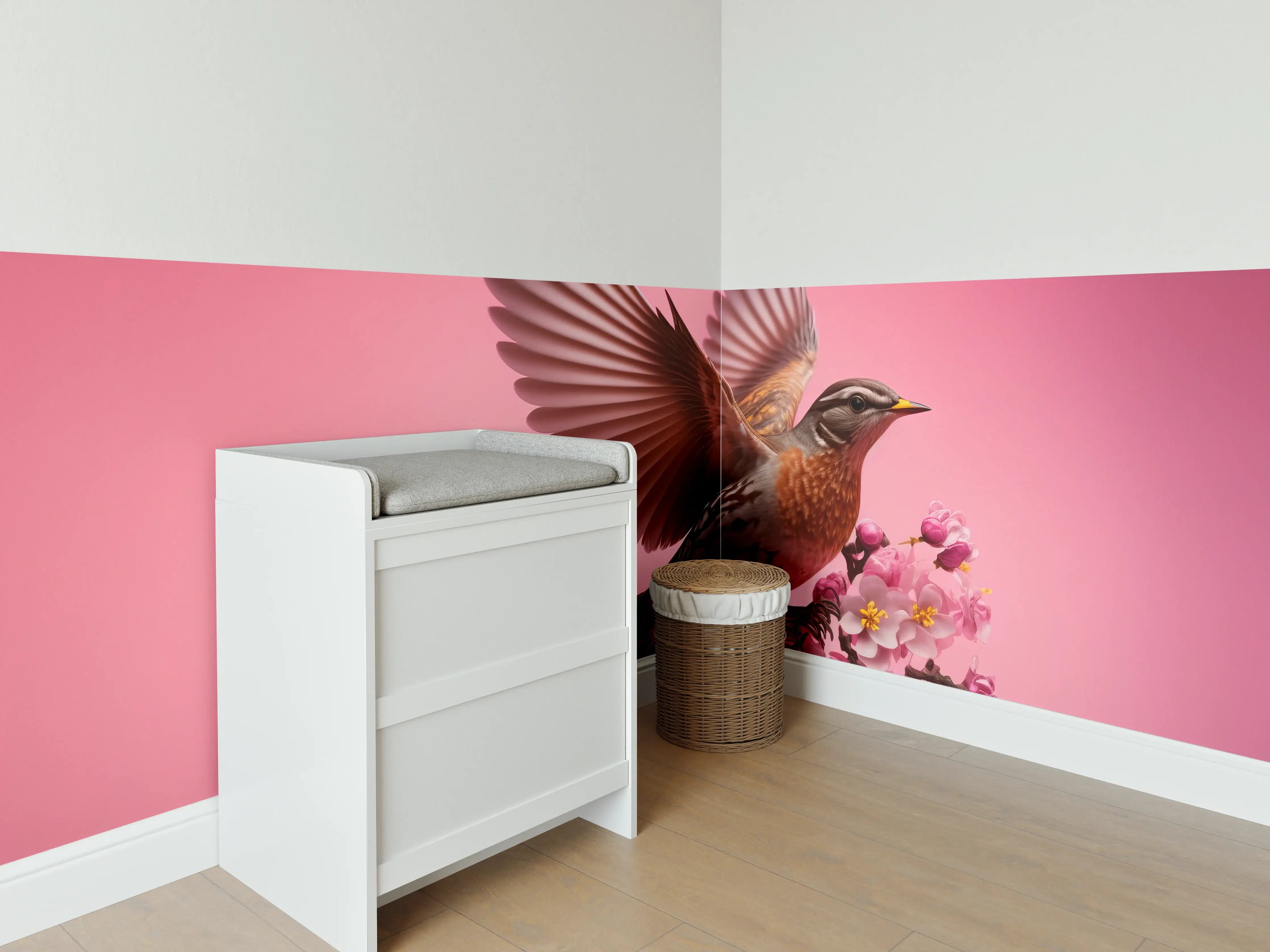 Babyzimmer Wandgestaltung - Rosa Kirschblüten Vogelflug