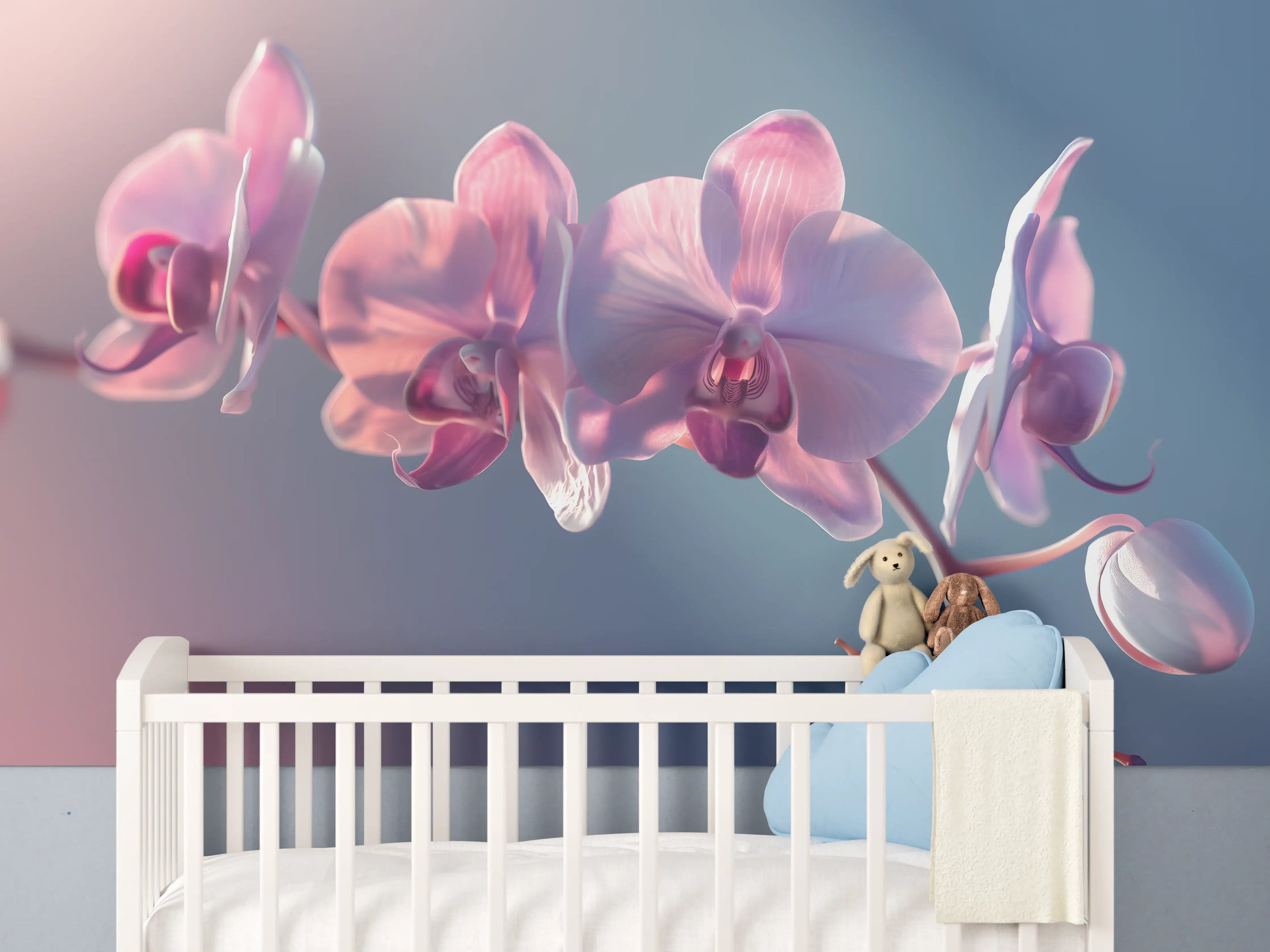Babyzimmer Wandgestaltung - Rosa Orchideen auf Blau
