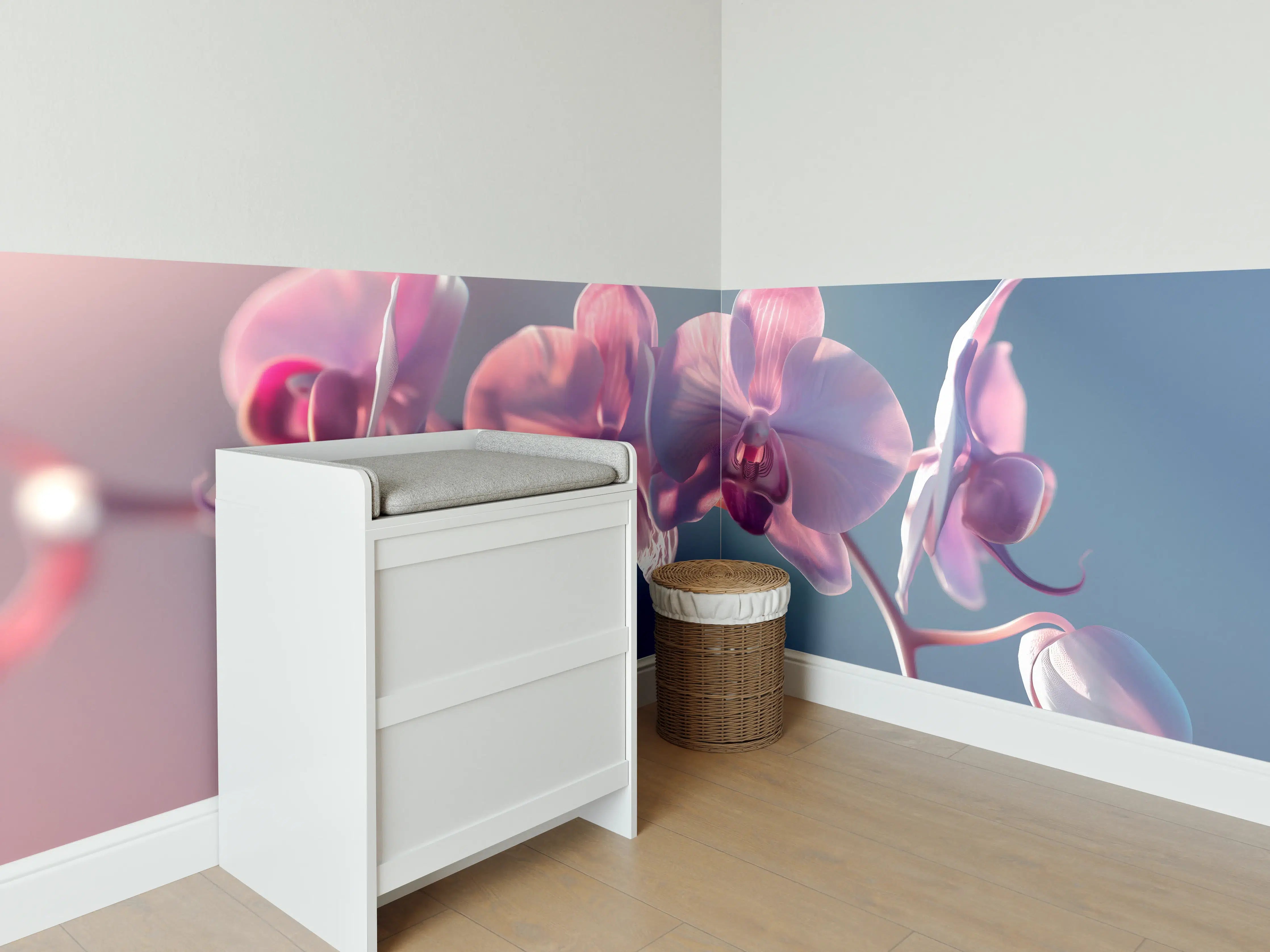 Babyzimmer Wandgestaltung - Rosa Orchideen auf Blau
