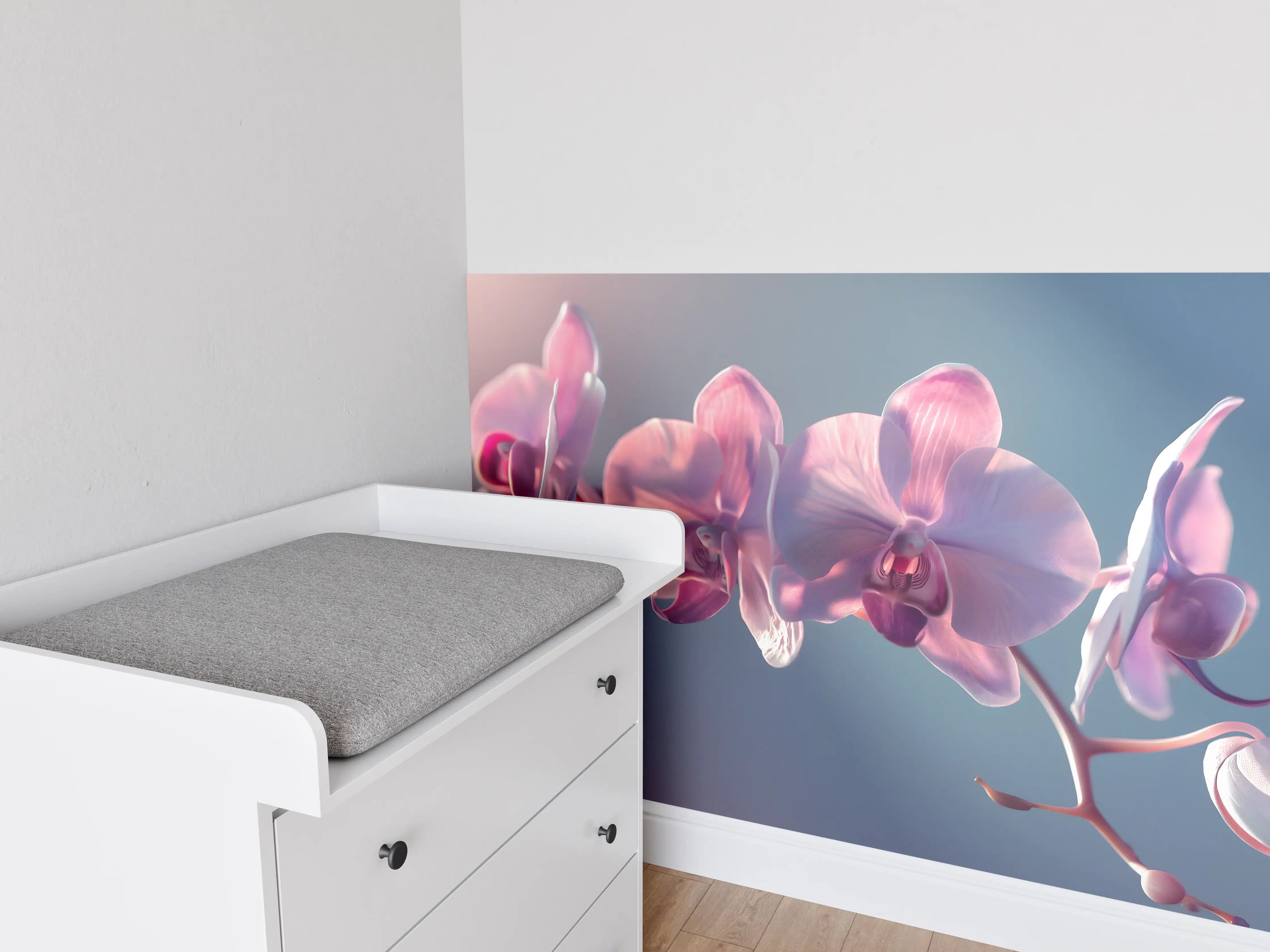Babyzimmer Wandgestaltung - Rosa Orchideen auf Blau