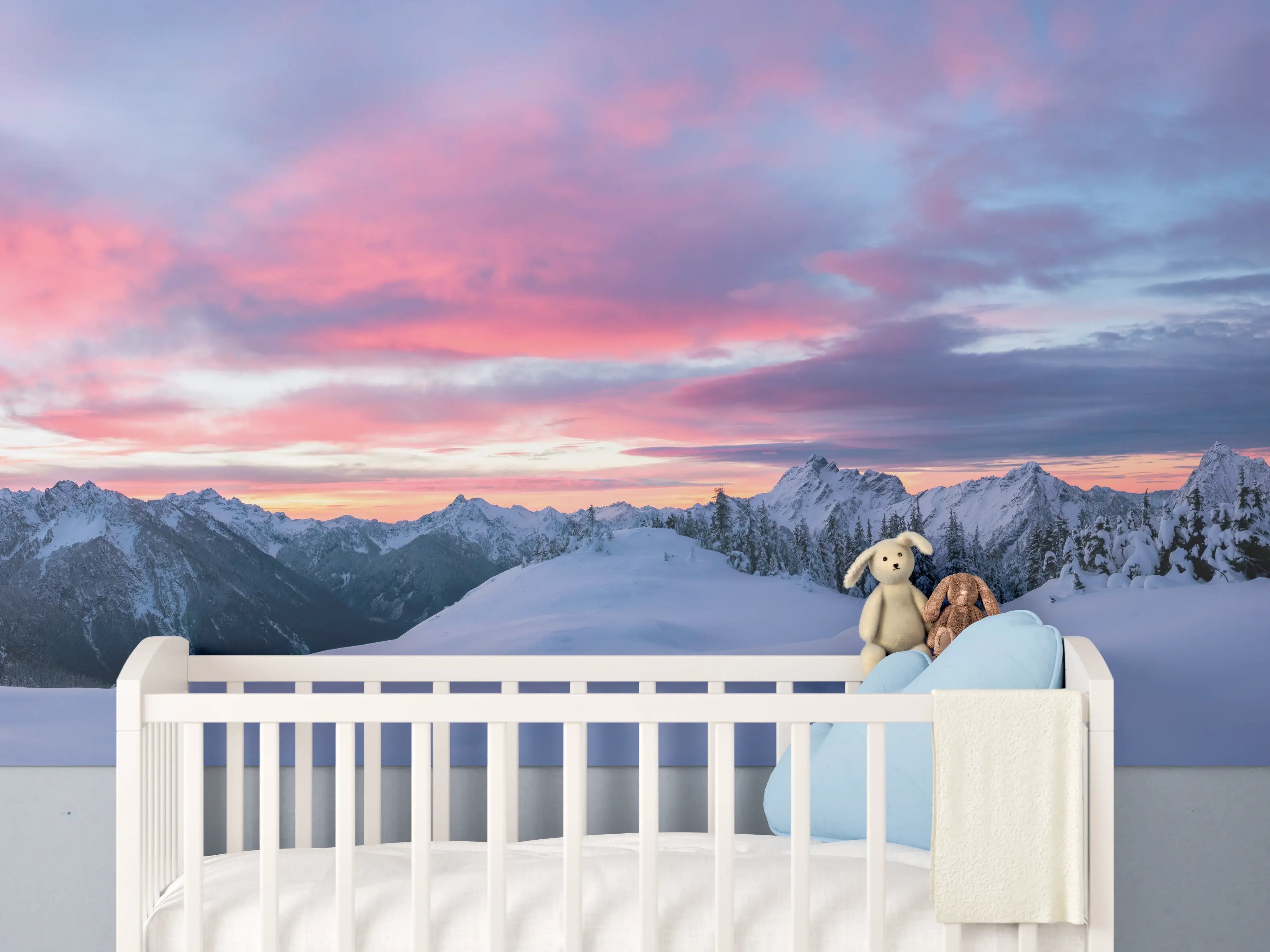Babyzimmer Wandgestaltung - Rosa Sonnenuntergang Bergpanorama