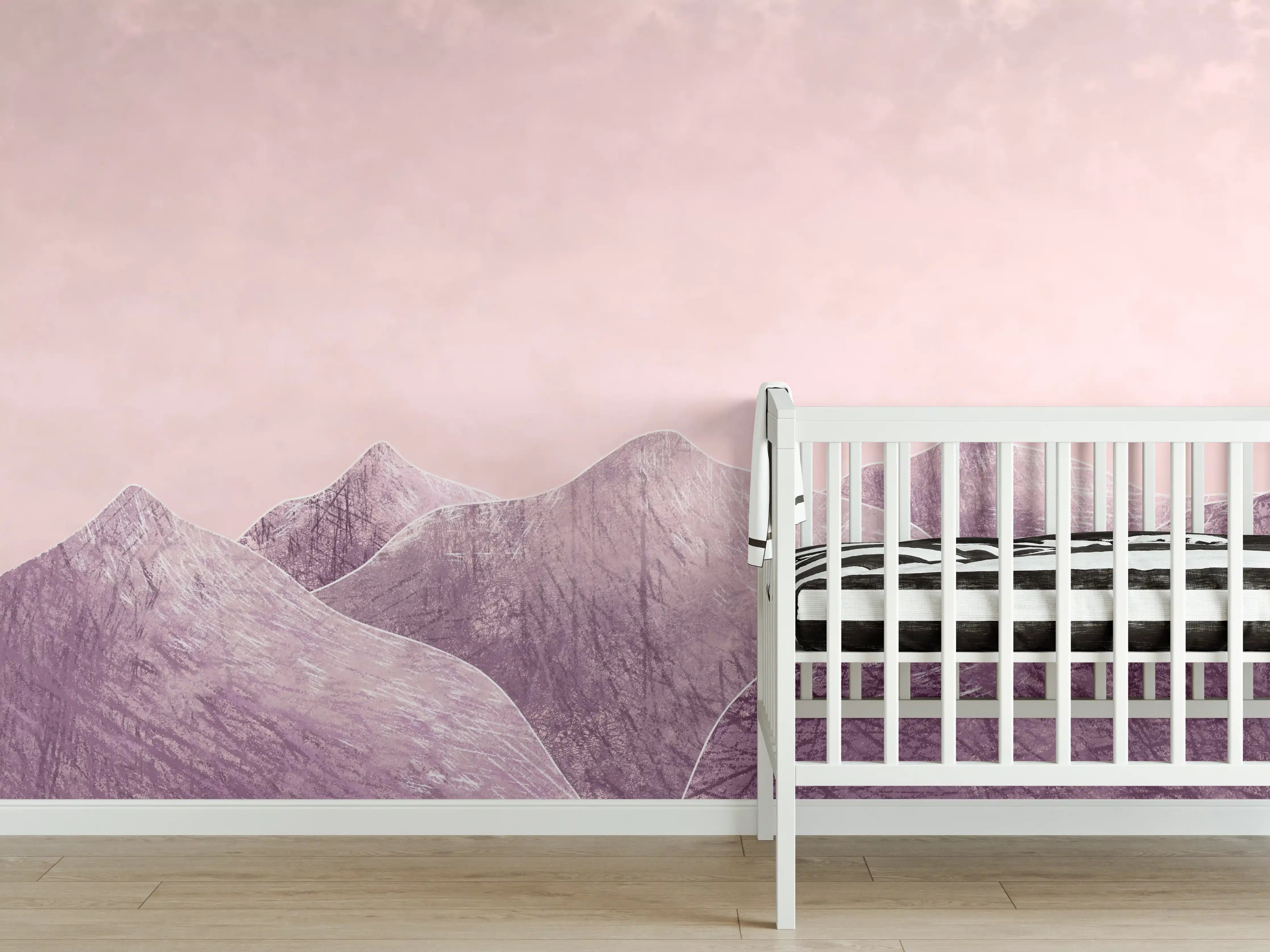 Babyzimmer Wandgestaltung - Rosa-lilane Berglandschaft - Kunstmalerei