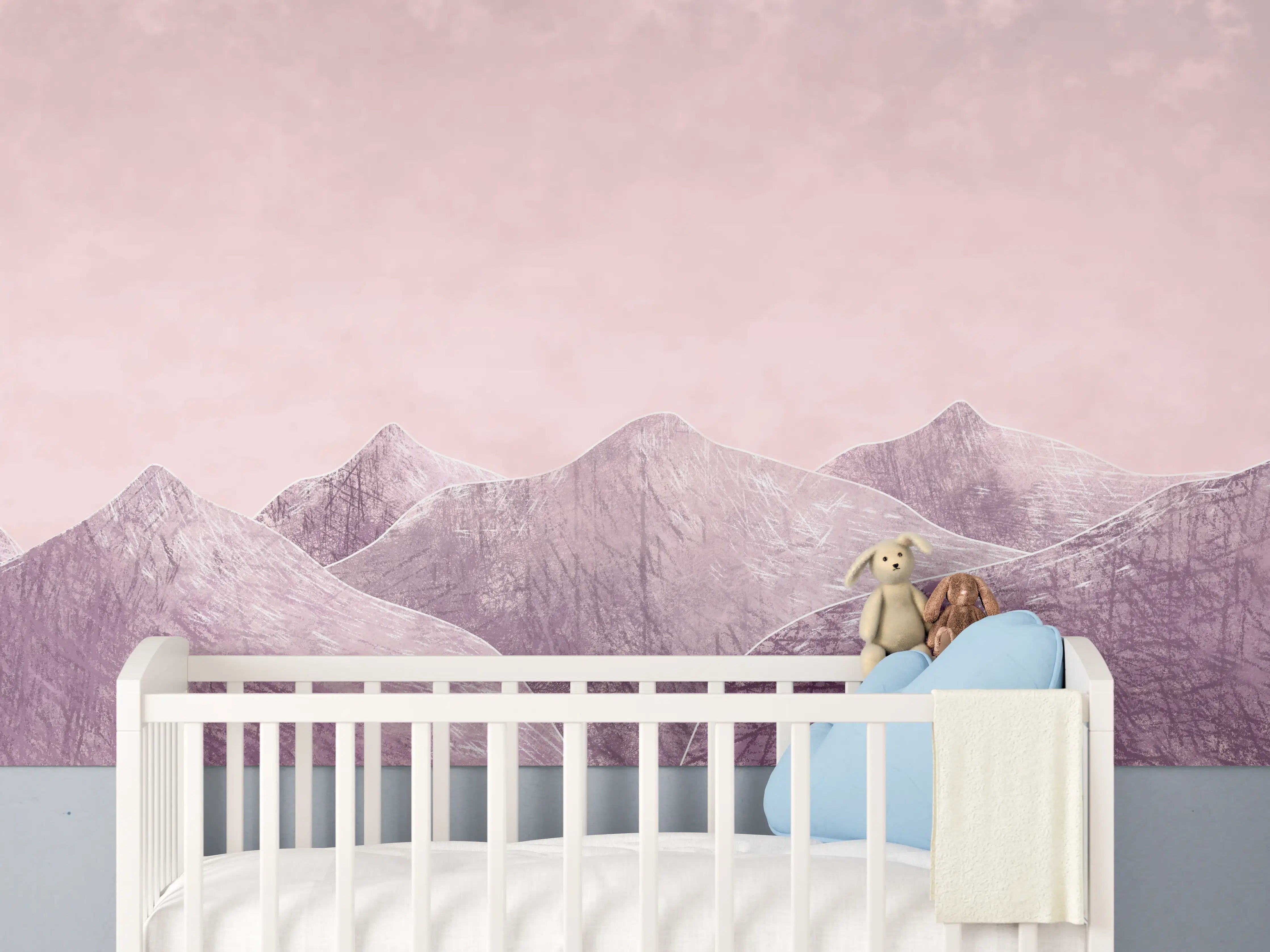 Babyzimmer Wandgestaltung - Rosa-lilane Berglandschaft - Kunstmalerei