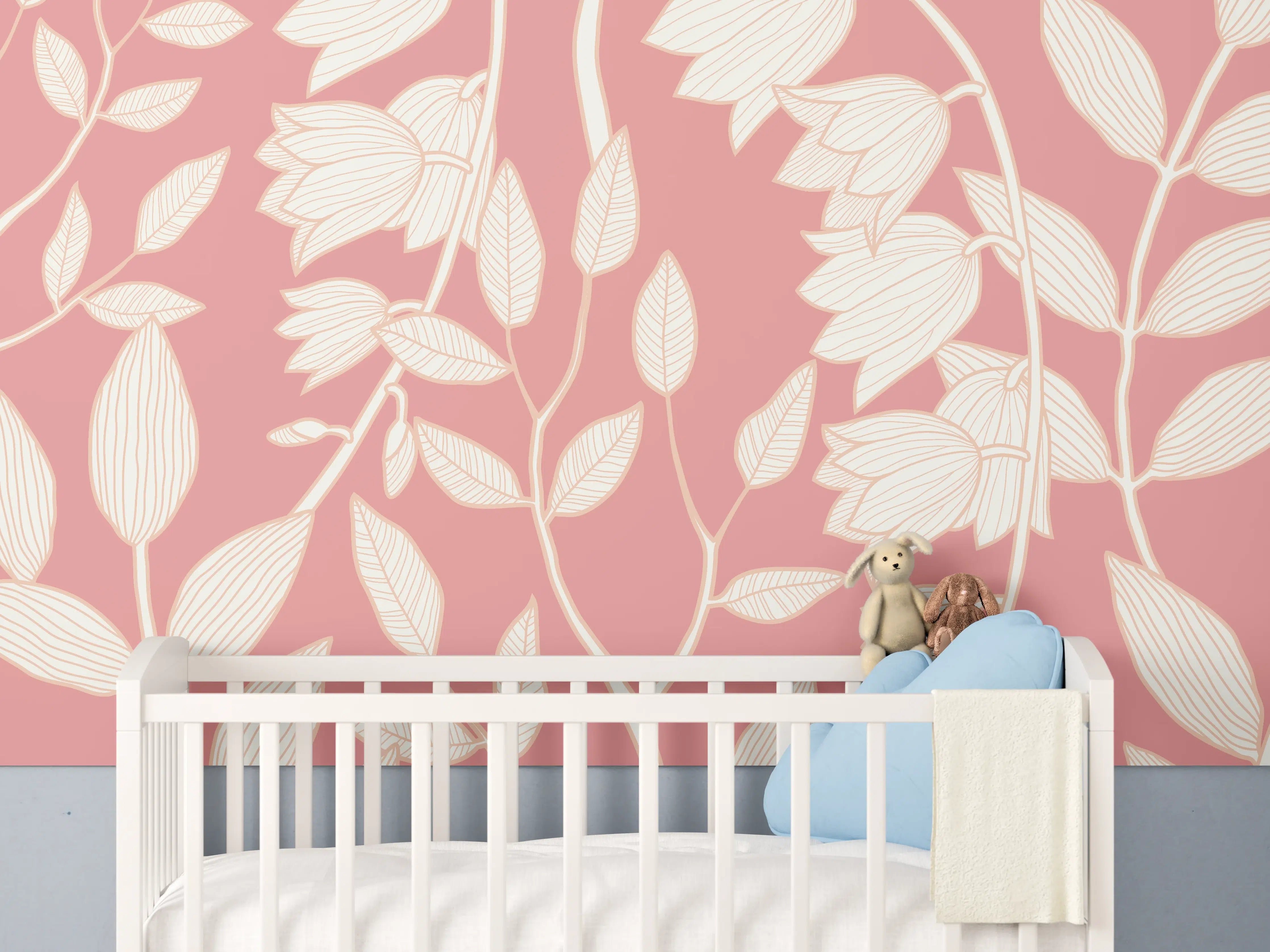 Babyzimmer Wandgestaltung - Rosafarbenes Blattmuster Tapetendesign