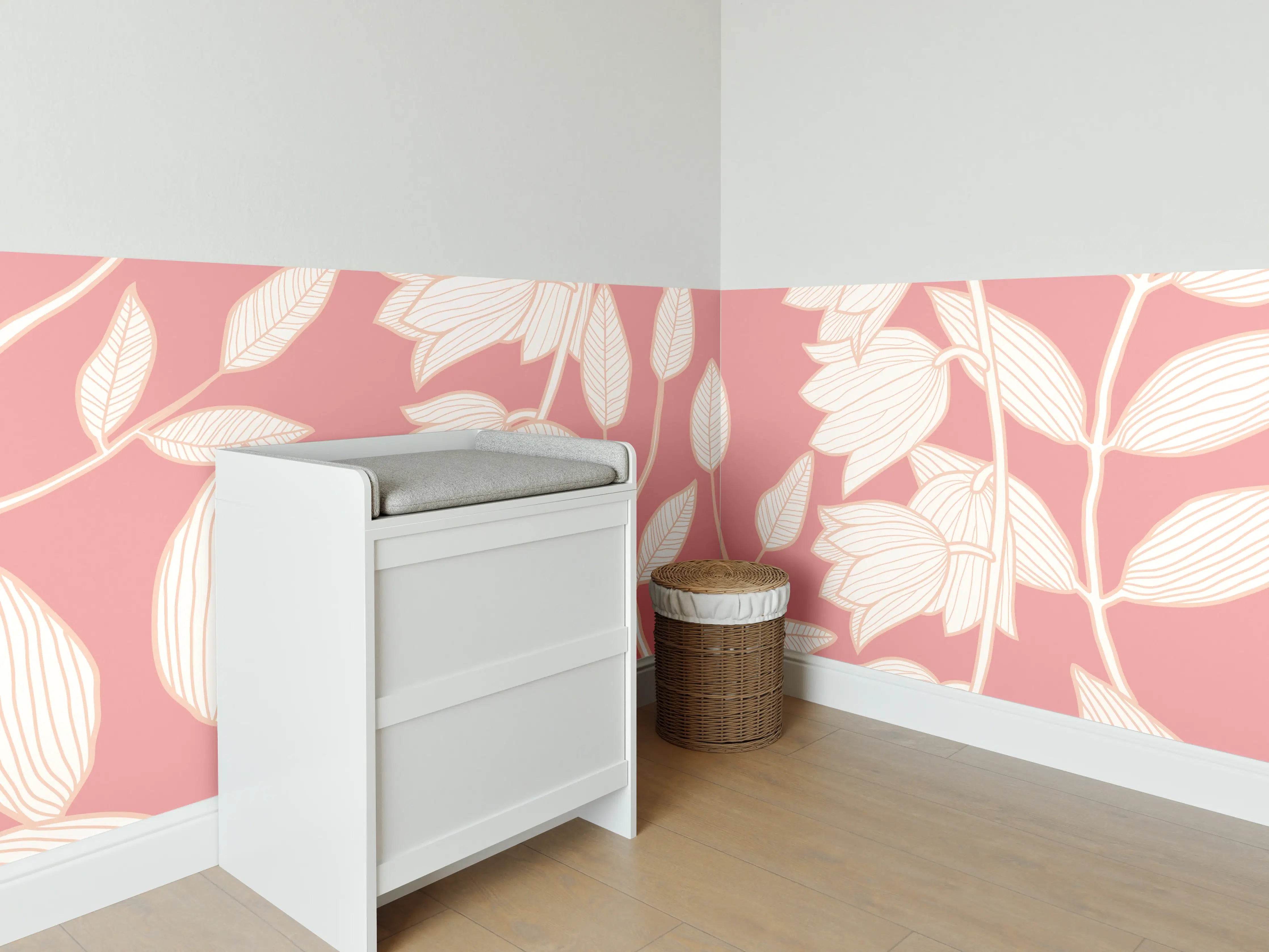 Babyzimmer Wandgestaltung - Rosafarbenes Blattmuster Tapetendesign