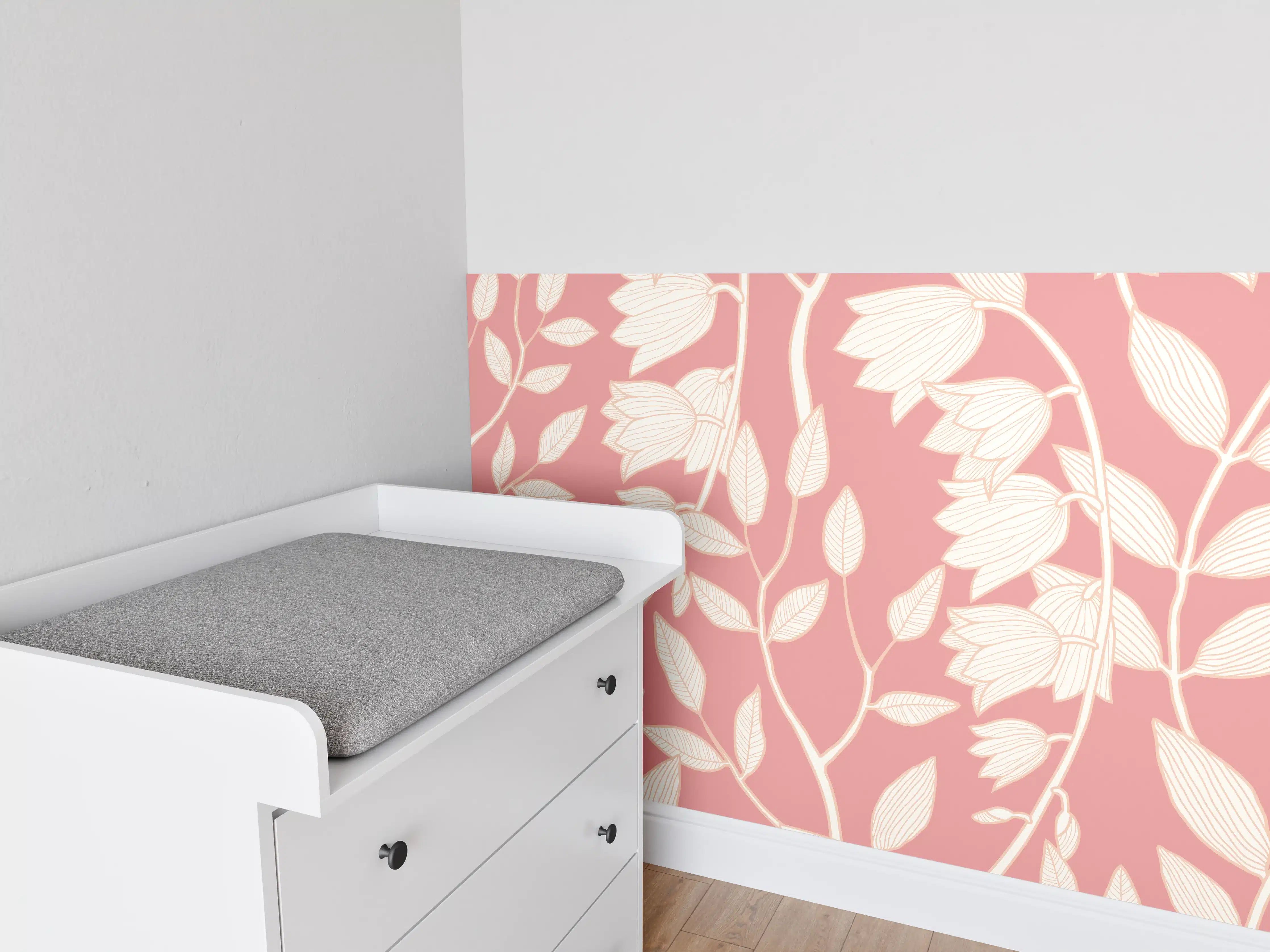 Babyzimmer Wandgestaltung - Rosafarbenes Blattmuster Tapetendesign